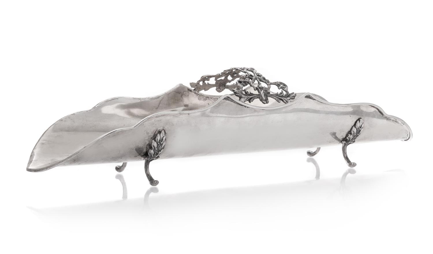 An Italian Silver Bread Server, Malinverni Umberto di Arnaldo, Milan, Mid-20th Century, having a curved body with a pierced foliate scr