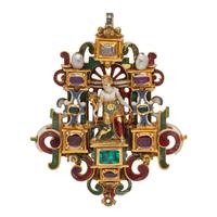 RENAISSANCE, YELLOW GOLD, POLYCHROME ENAMEL AND MULTIGEM PENDANT