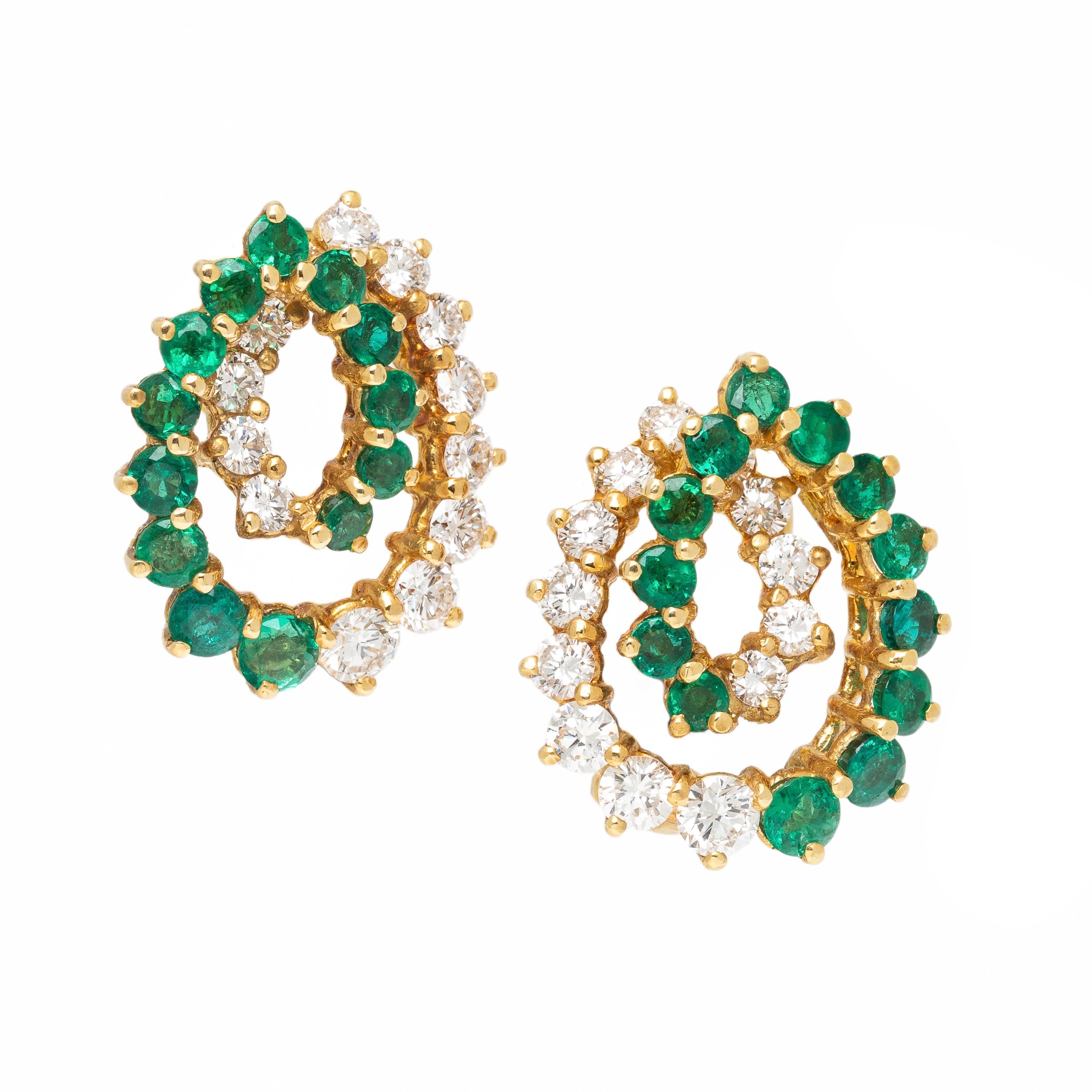 Diamond, Synthetic Emerald, and Yellow Gold Earrings