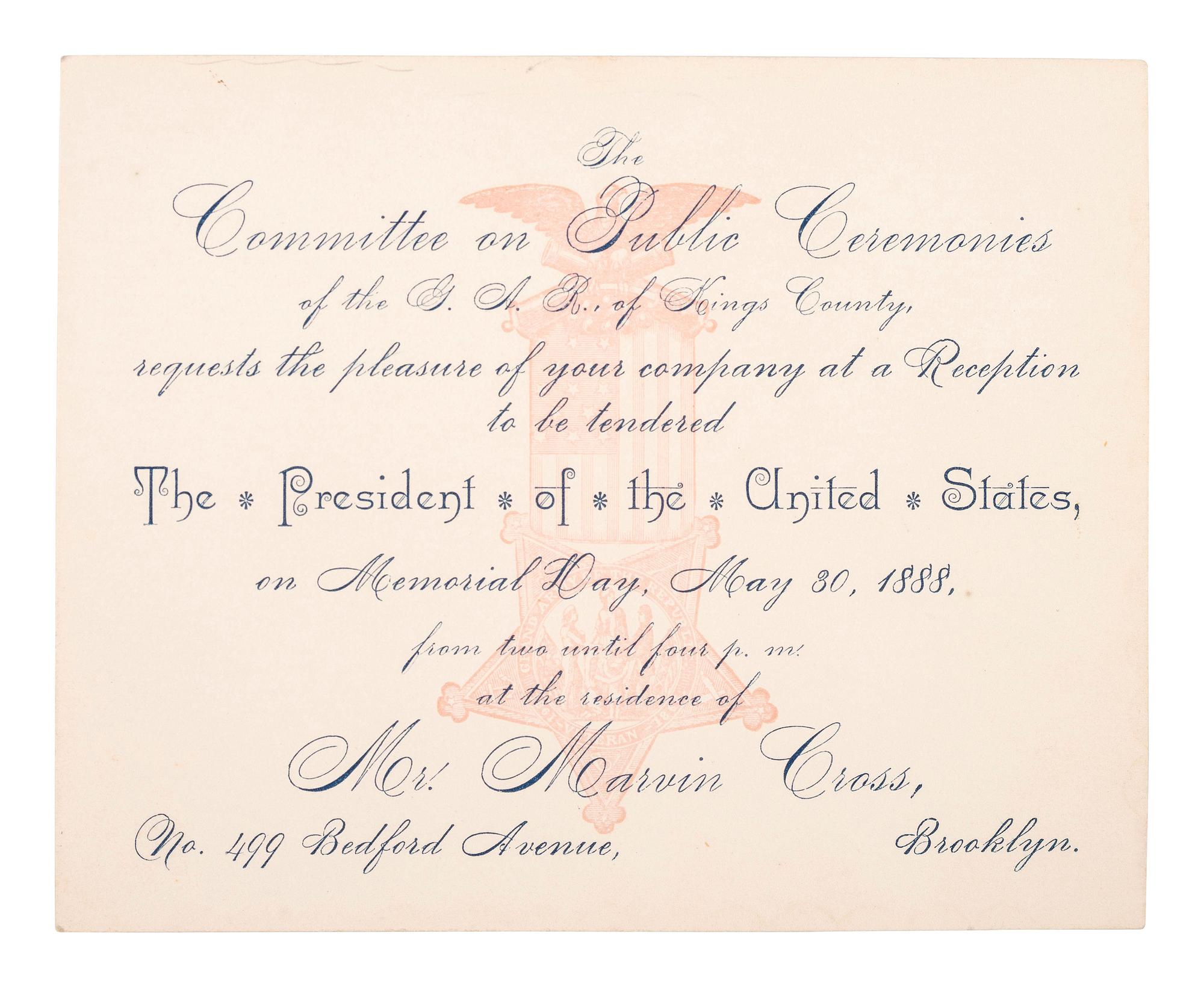 [CLEVELAND, Grover (1837-1908)]. A collection of invitations, calling cards, and ephemera related to the inauguration and presidency of Grover Cleveland, comprising:
