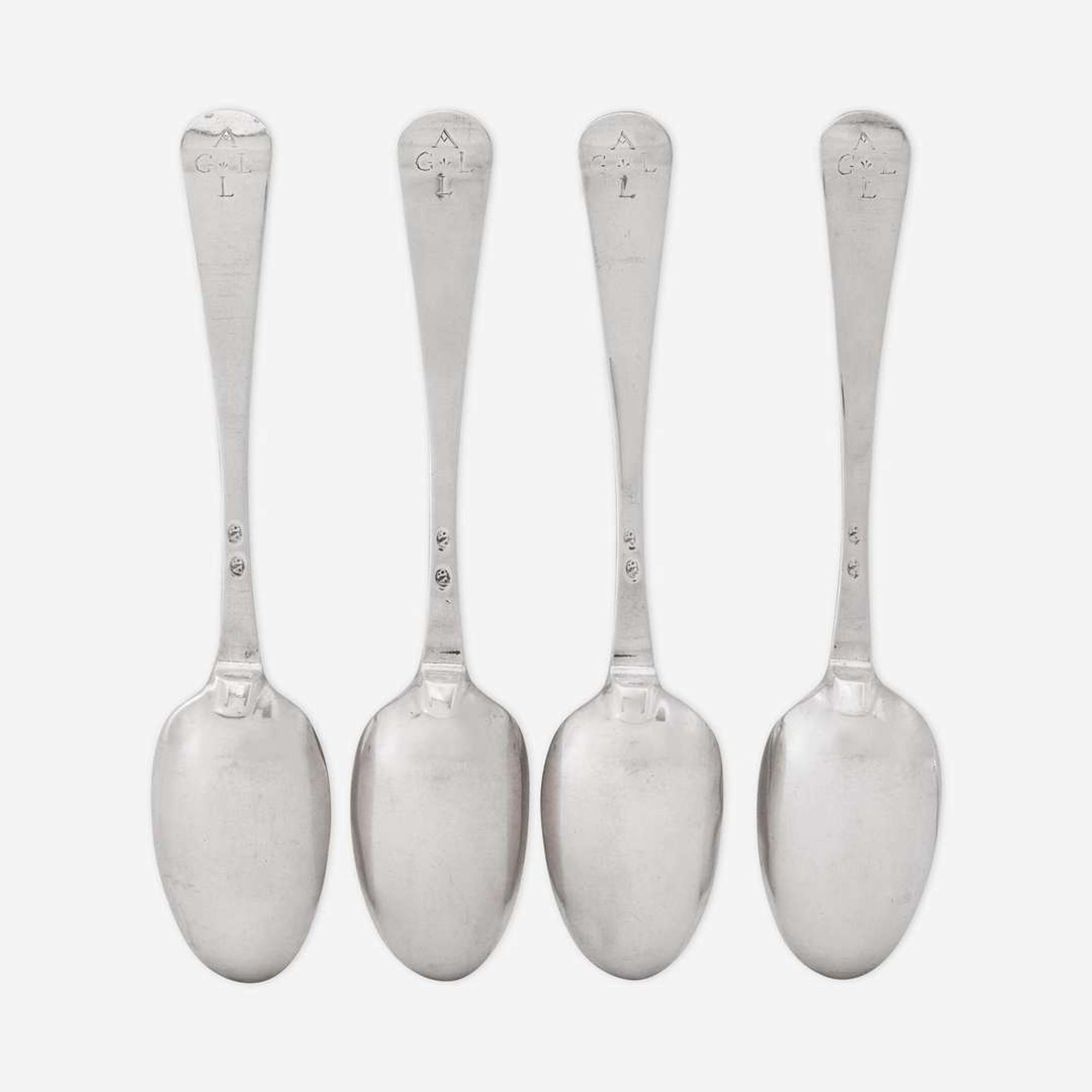A rare set of four silver tablespoons Adrian Bancker (1703-1772), New York, NY, circa 1740