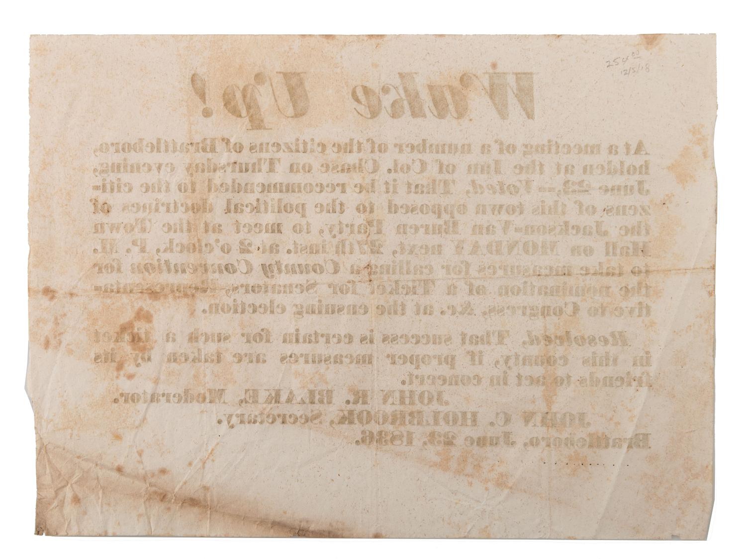 [HARRISON, William Henry]. Wake Up! campaign broadside. Brattleboro, VT: N.p., 1836.