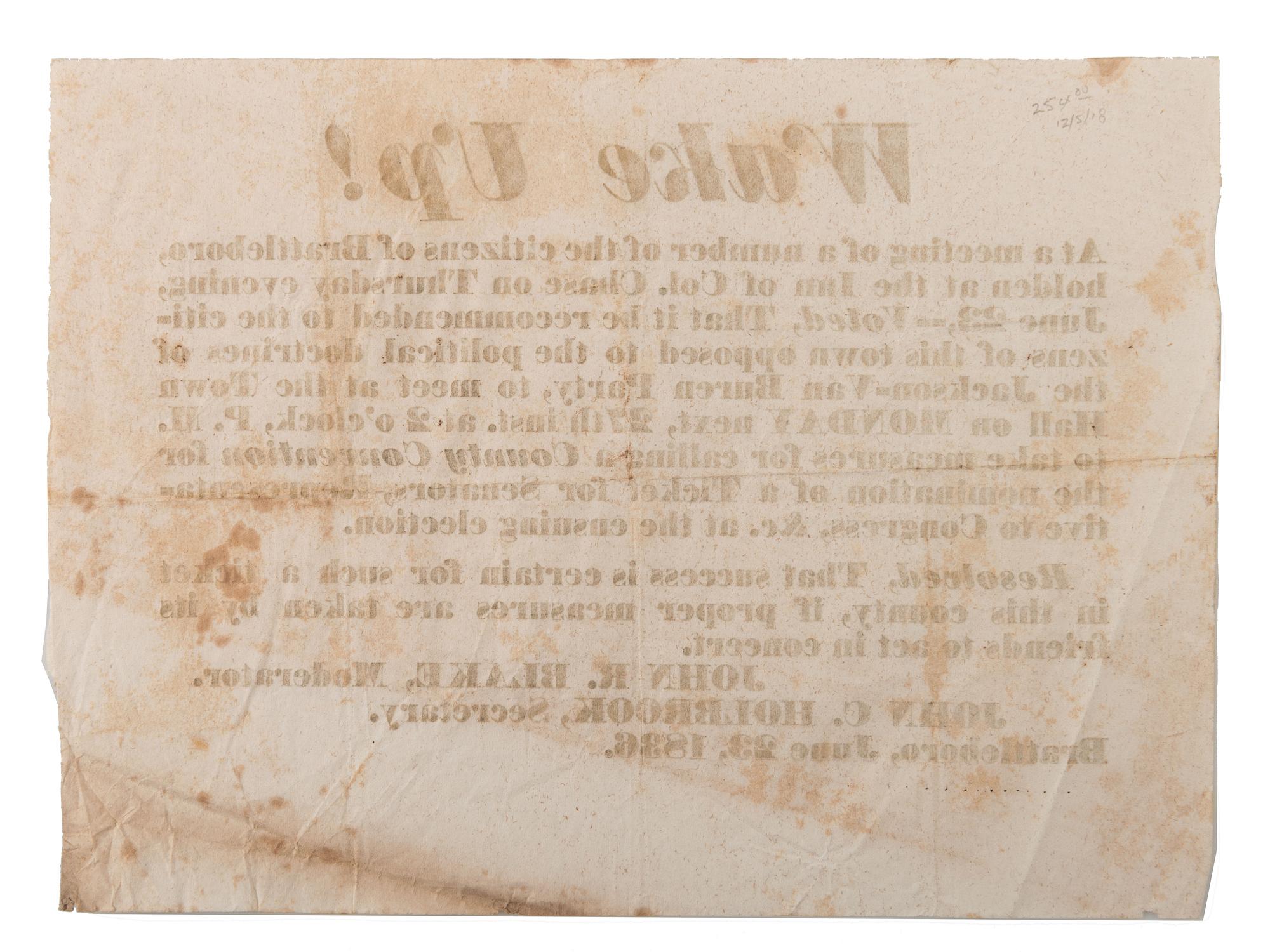 [HARRISON, William Henry]. Wake Up! campaign broadside. Brattleboro, VT: N.p., 1836.