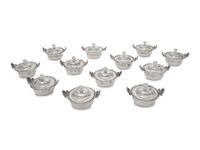 A Set of Twelve American Silver Covered Bouillon Bowls and Underplates