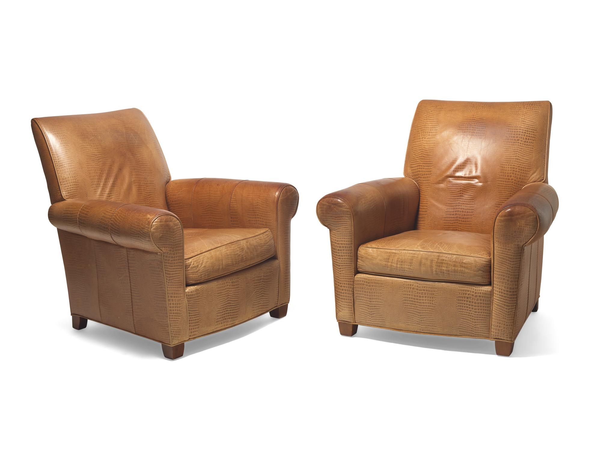A Pair of Faux Crocodile-Embossed Leather Club Chairs