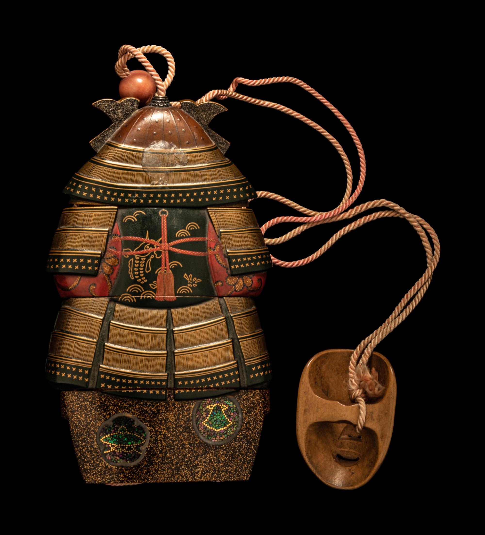 A Large Japanese Gold, Red and Black Lacquer Three-Case Inro
