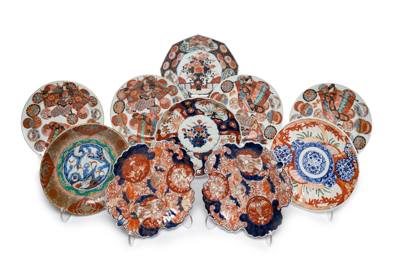 Nine Japanese Imari Porcelain Plates and a Dish