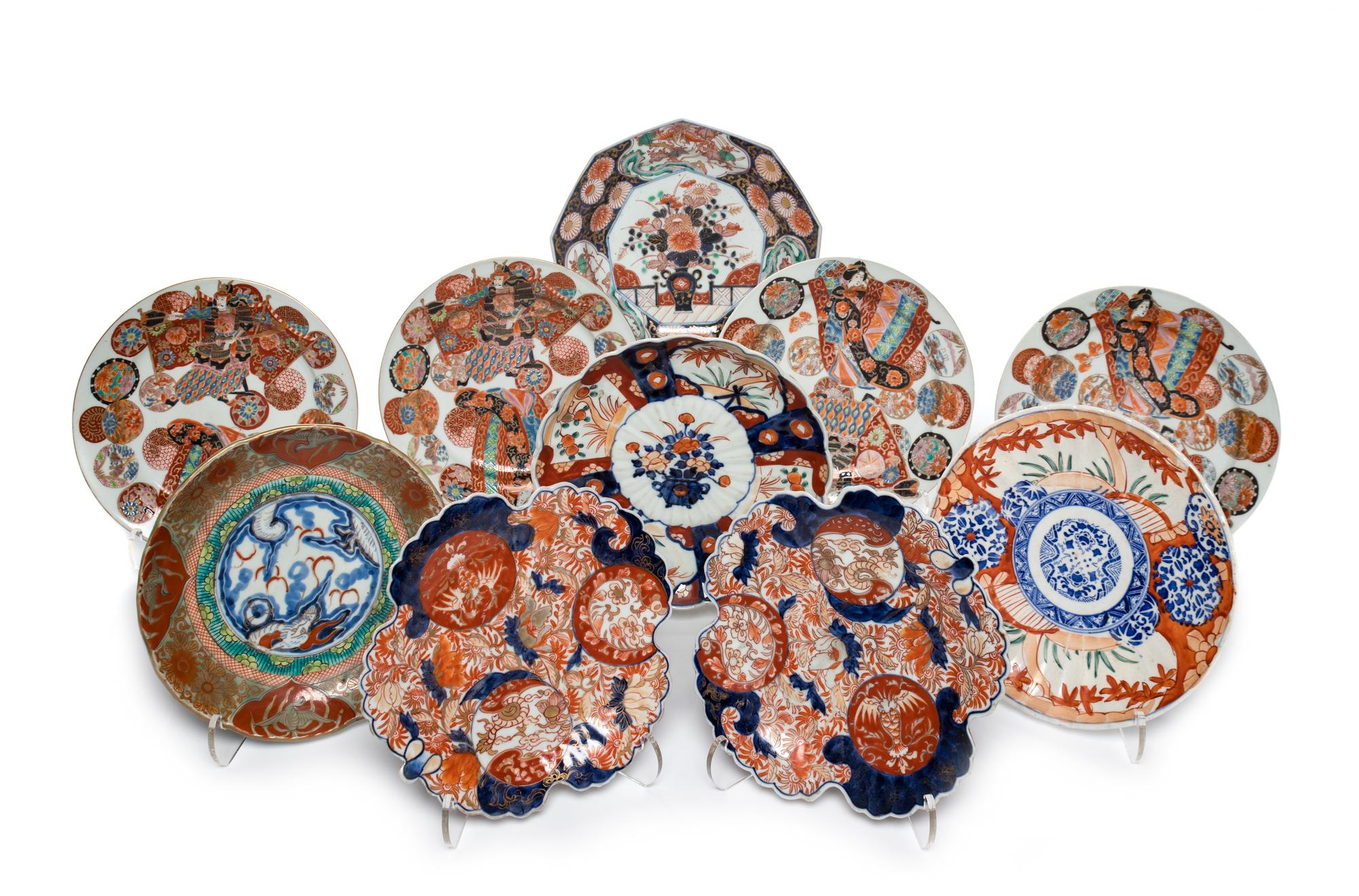 Nine Japanese Imari Porcelain Plates and a Dish