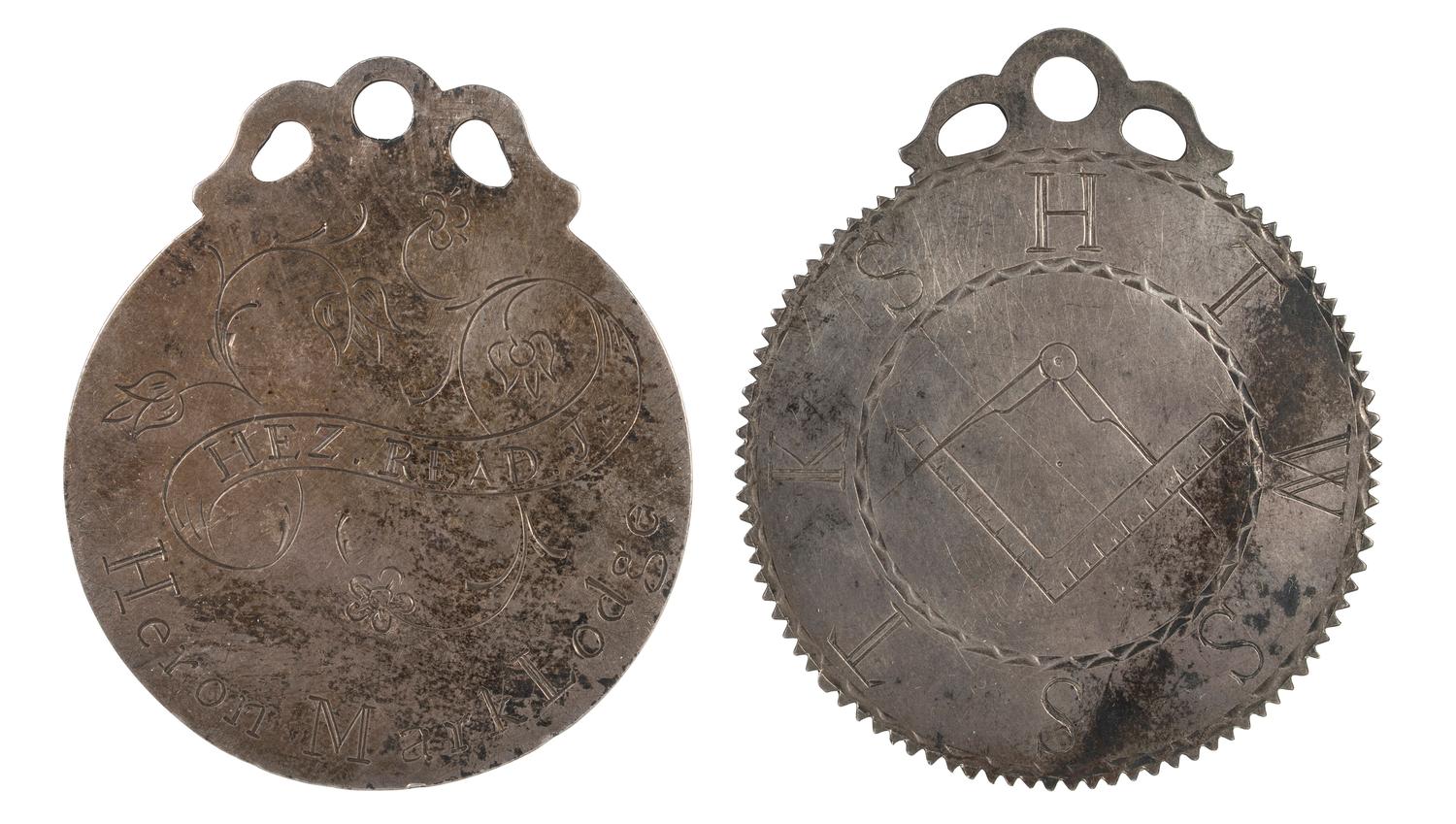 [FRATERNAL ORGANIZATIONS]. Pair of Masonic Master Mark medals from the Heron Mark Lodge. Ca early 19th century.