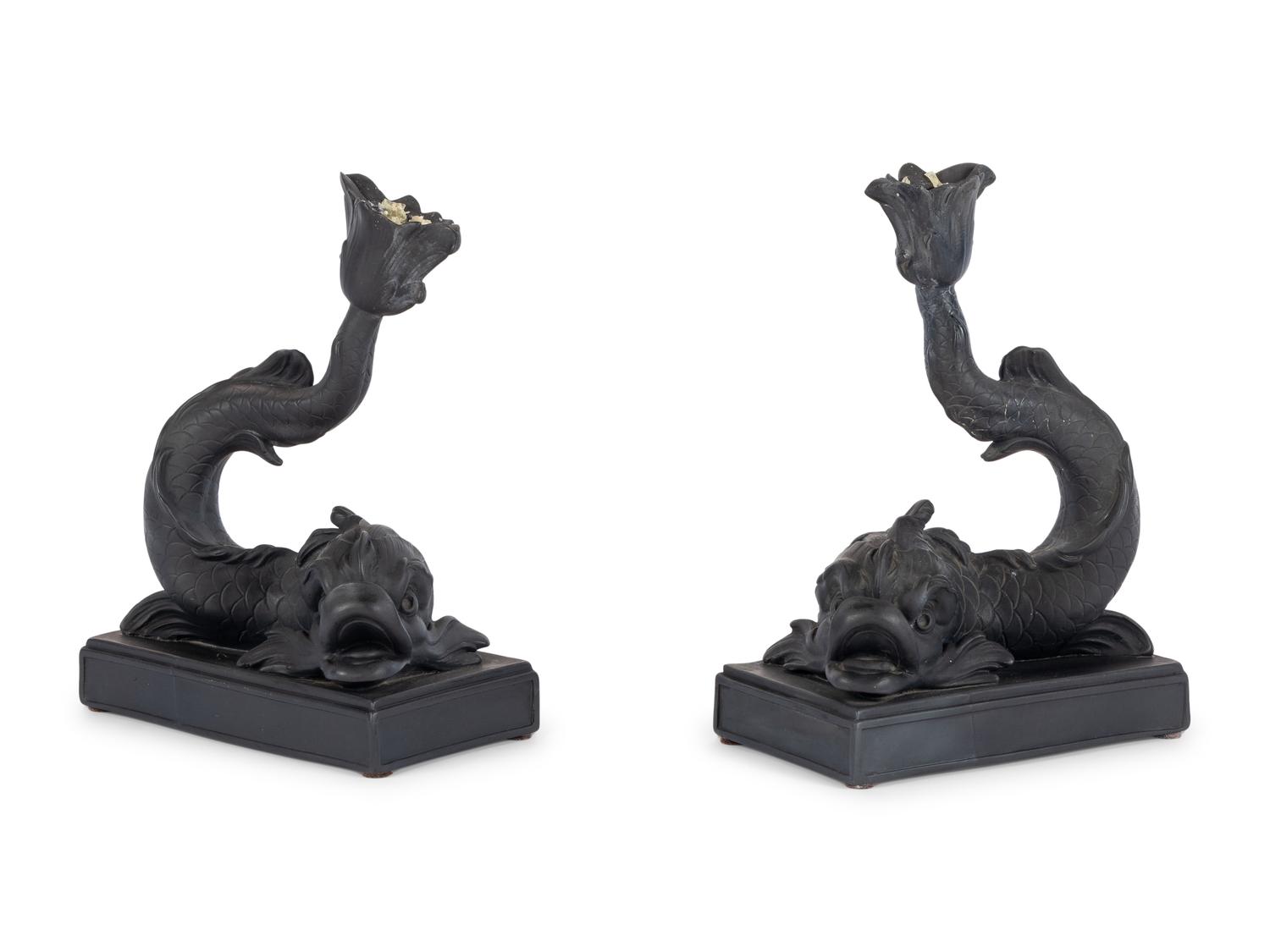 A Pair of Wedgwood Basalt Dolphin Candlesticks