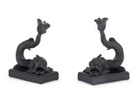 A Pair of Wedgwood Basalt Dolphin Candlesticks