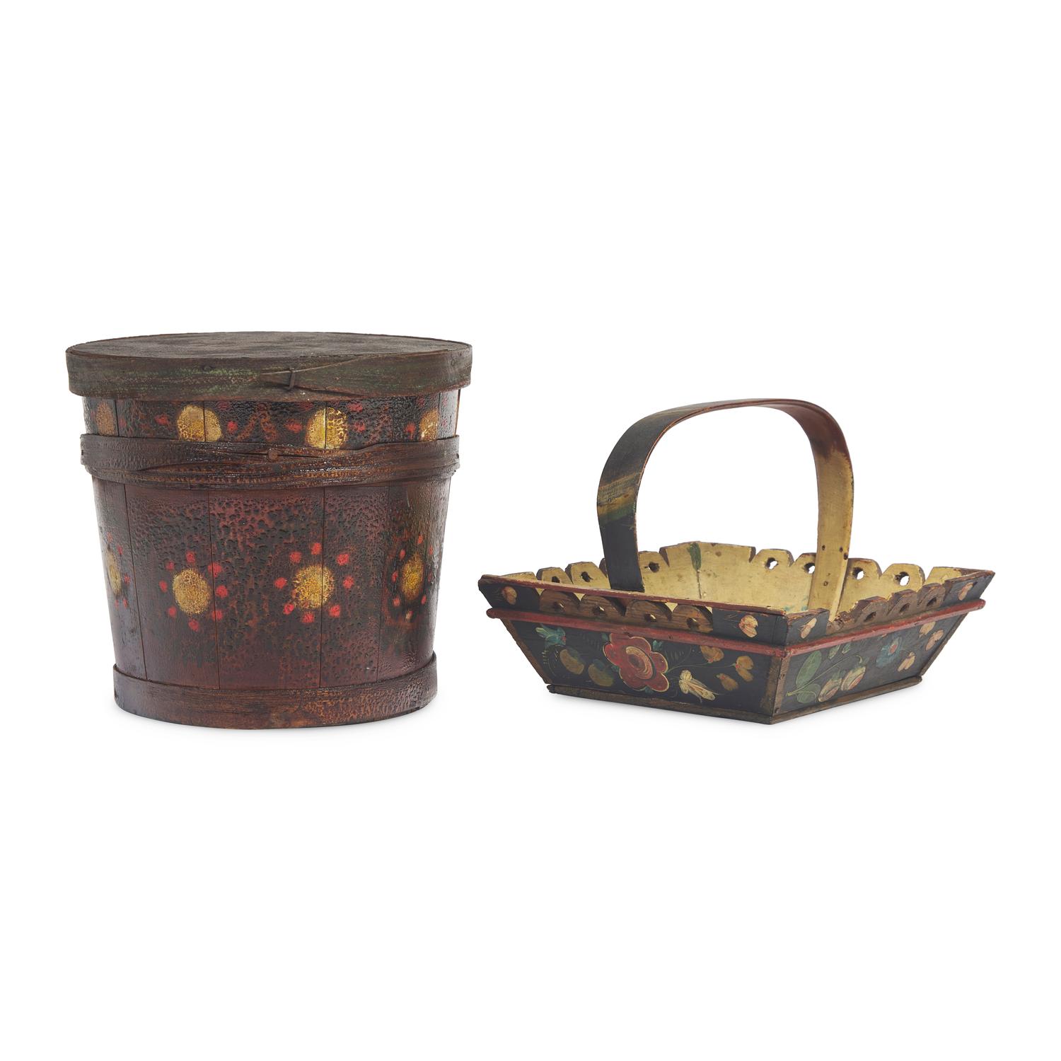 A Painted Basket and Lidded Bucket