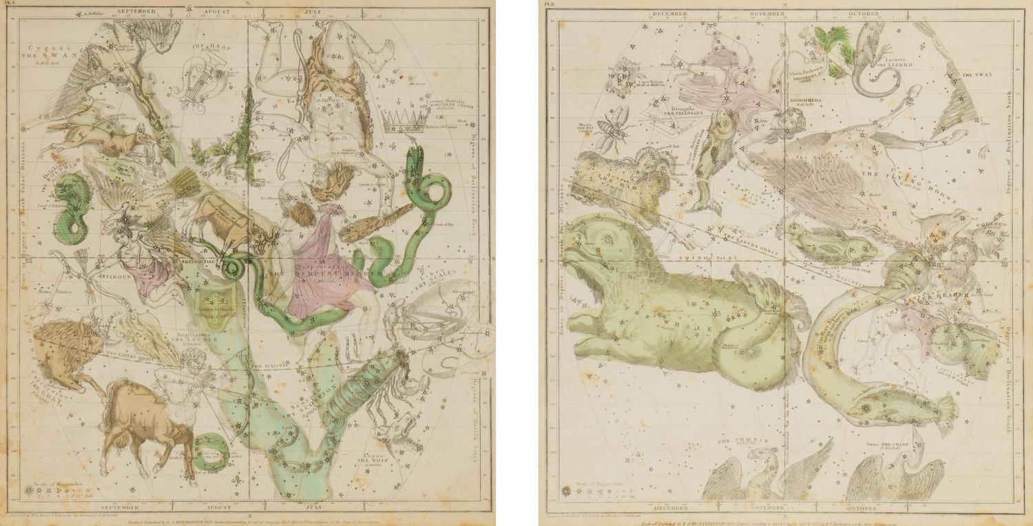 [CELESTIAL MAPS]. A pair of engraved celestial maps or star charts. Hartford, CT: F.J. Huntington, 1835