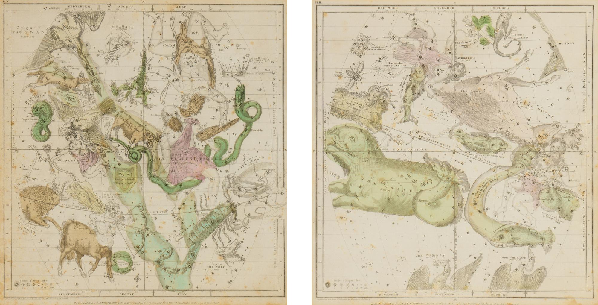 [CELESTIAL MAPS]. A pair of engraved celestial maps or star charts. Hartford, CT: F.J. Huntington, 1835