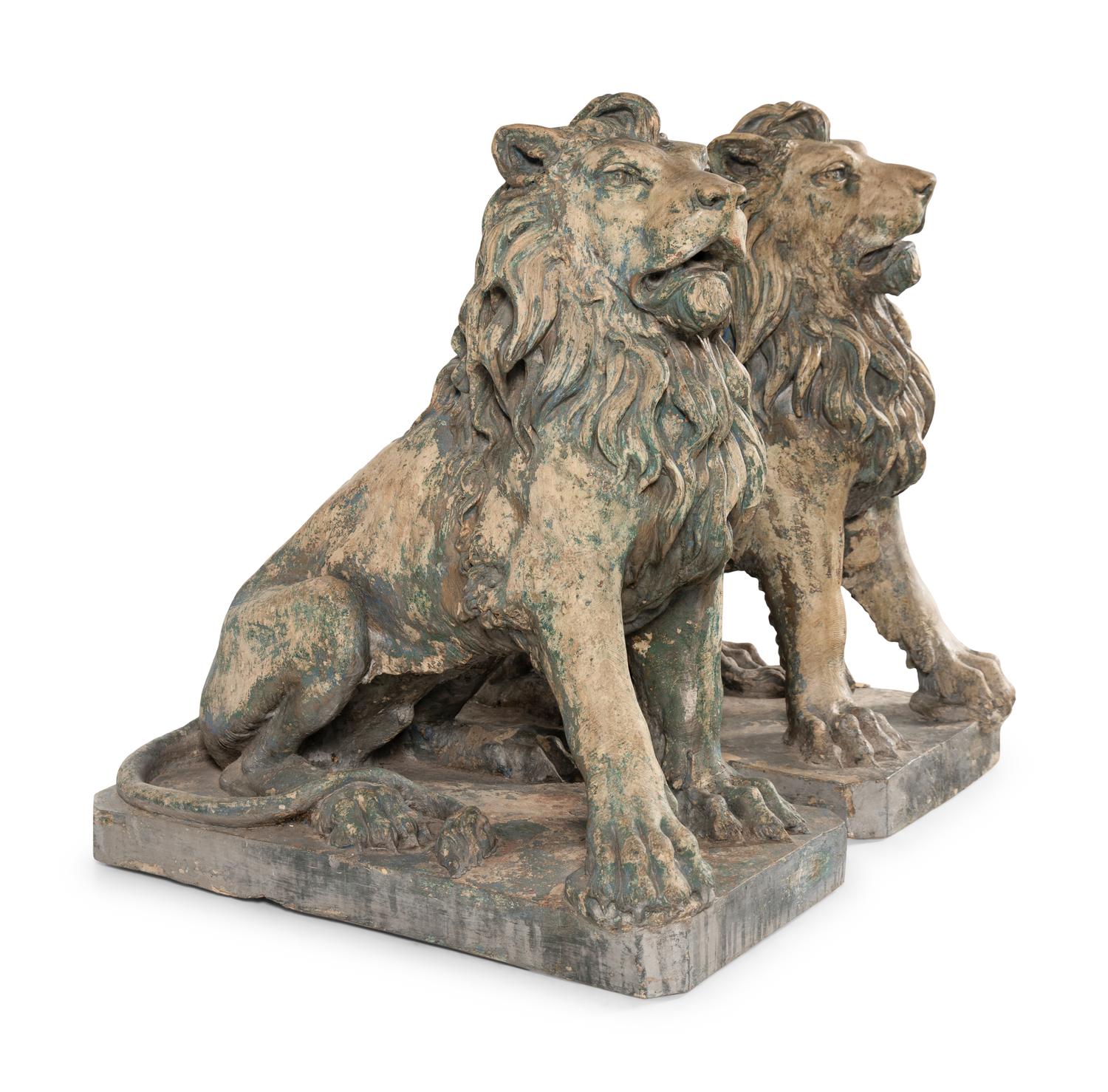 A Pair of Large Painted Composition Lions