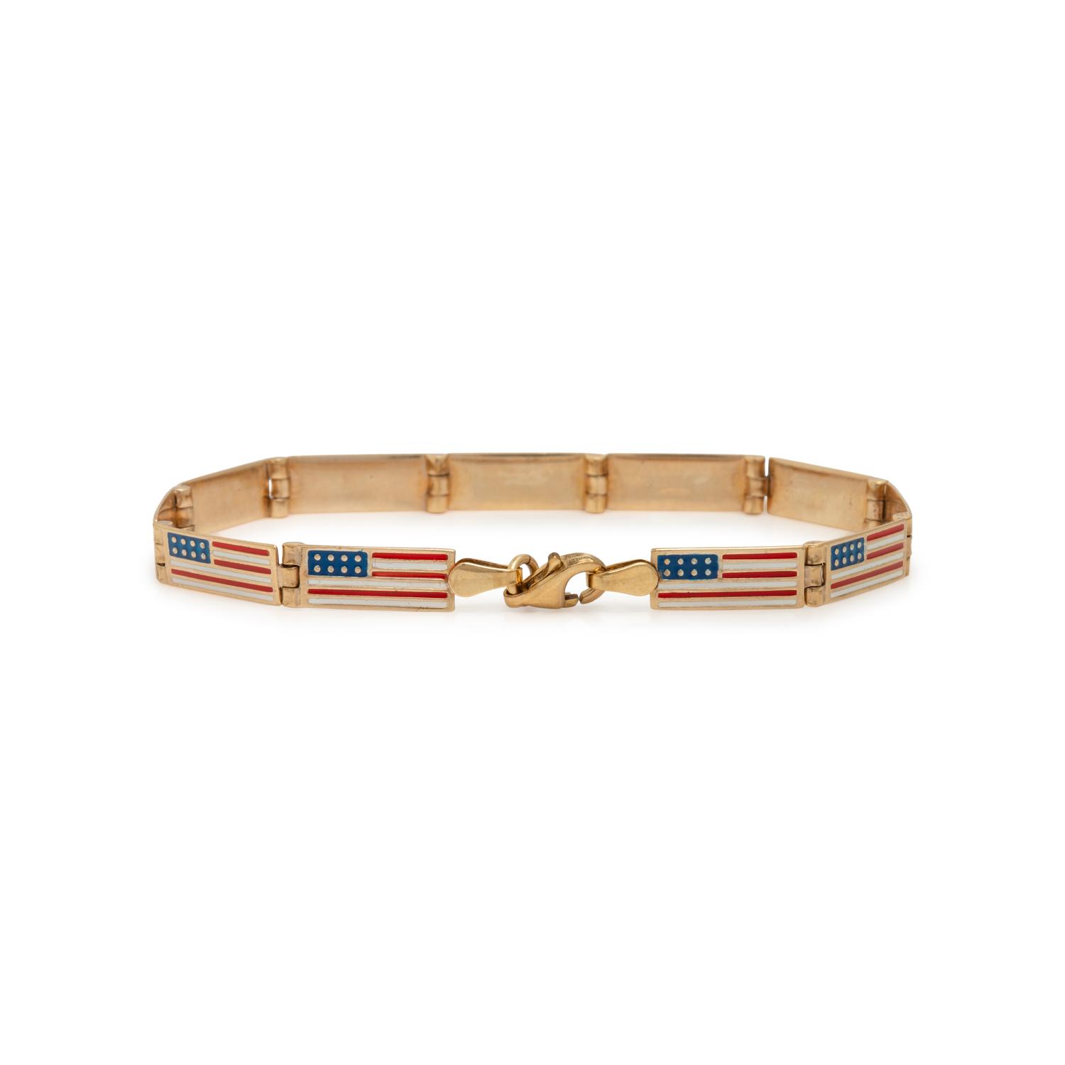 Yellow Gold and Enamel American Flag Bracelet and Pin