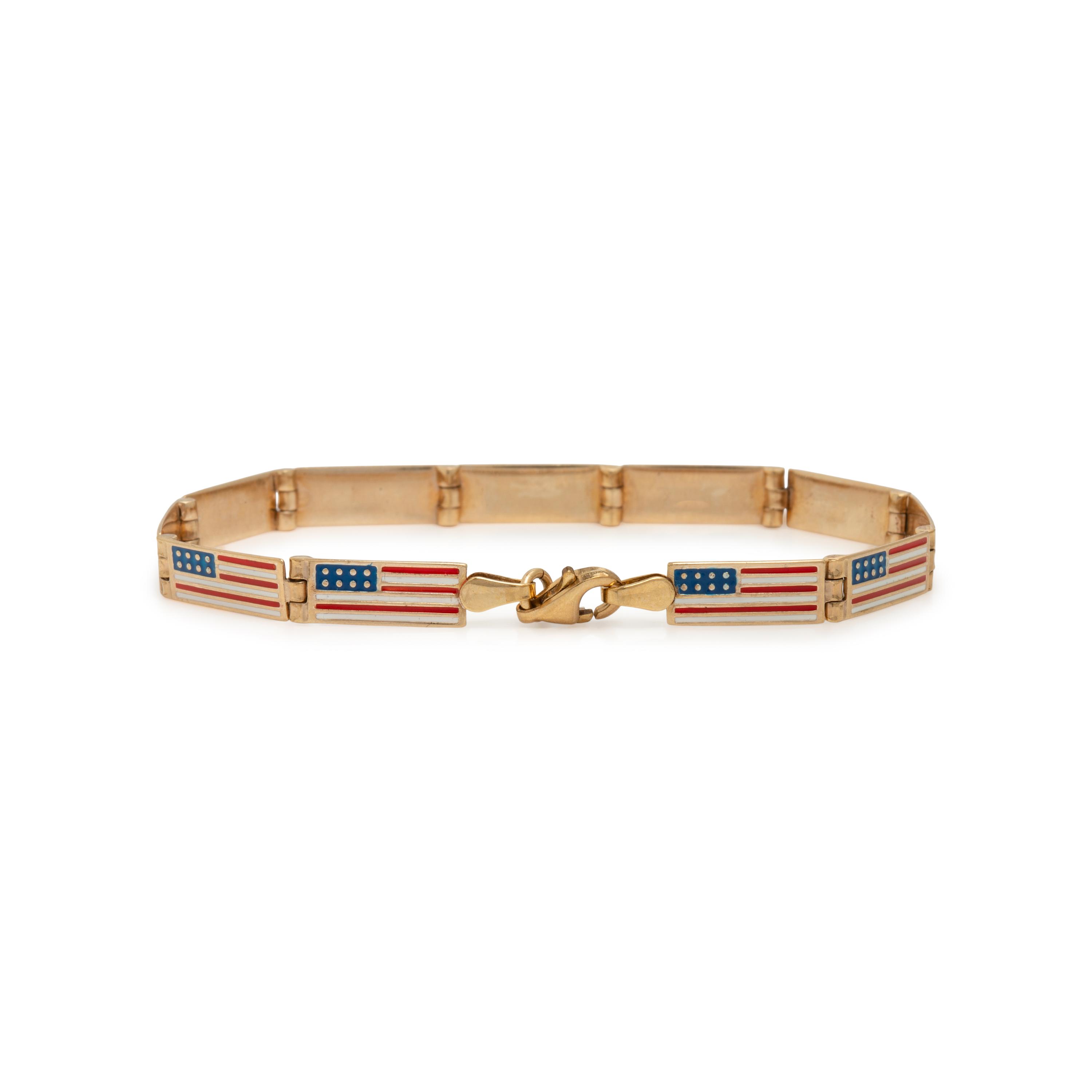 Yellow Gold and Enamel American Flag Bracelet and Pin