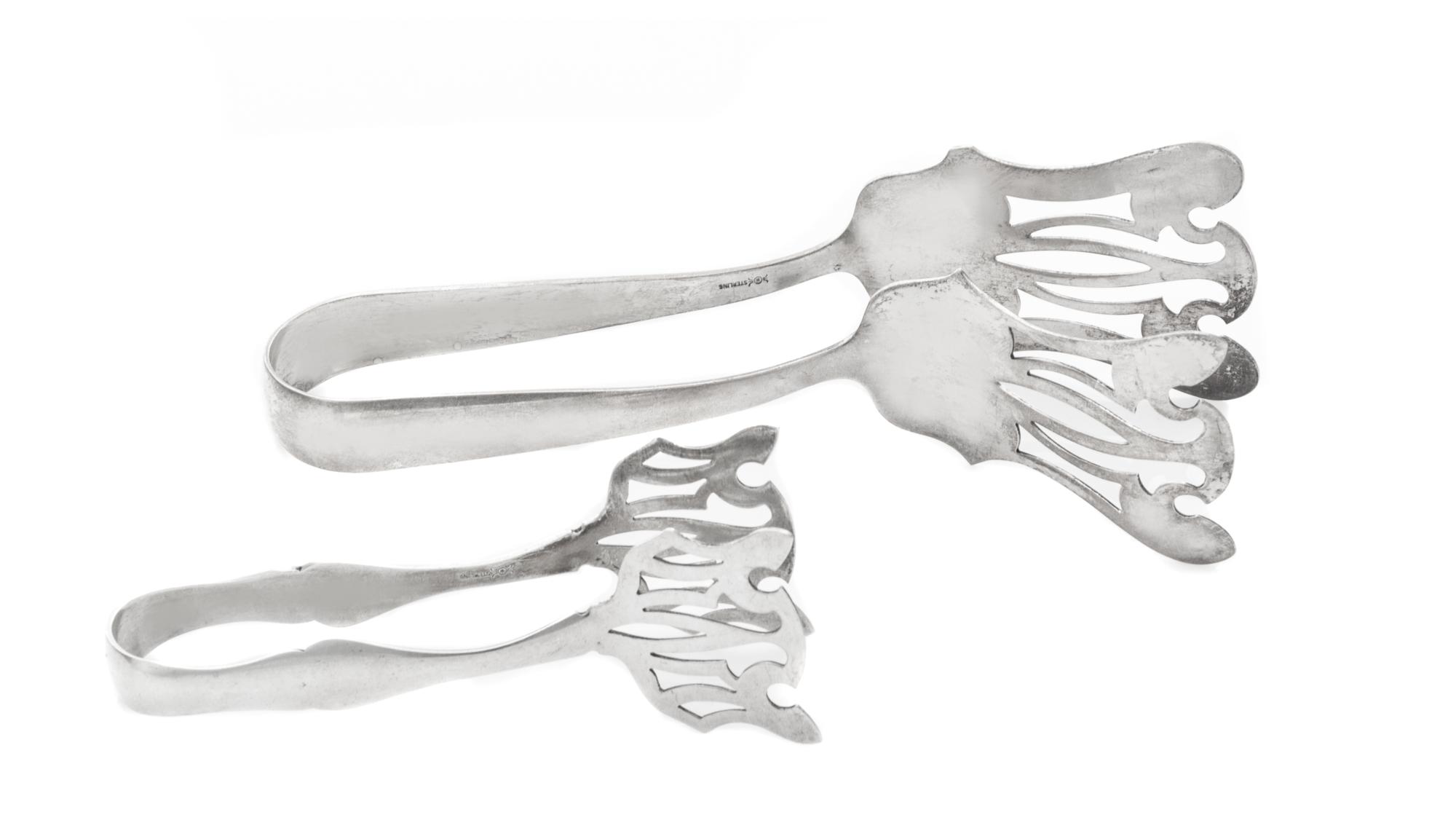 A Pair of American Silver Serving Tongs, Frank M. Whiting, North Attleboro, MA, comprising a pair of asparagus tongs and a pair of sand