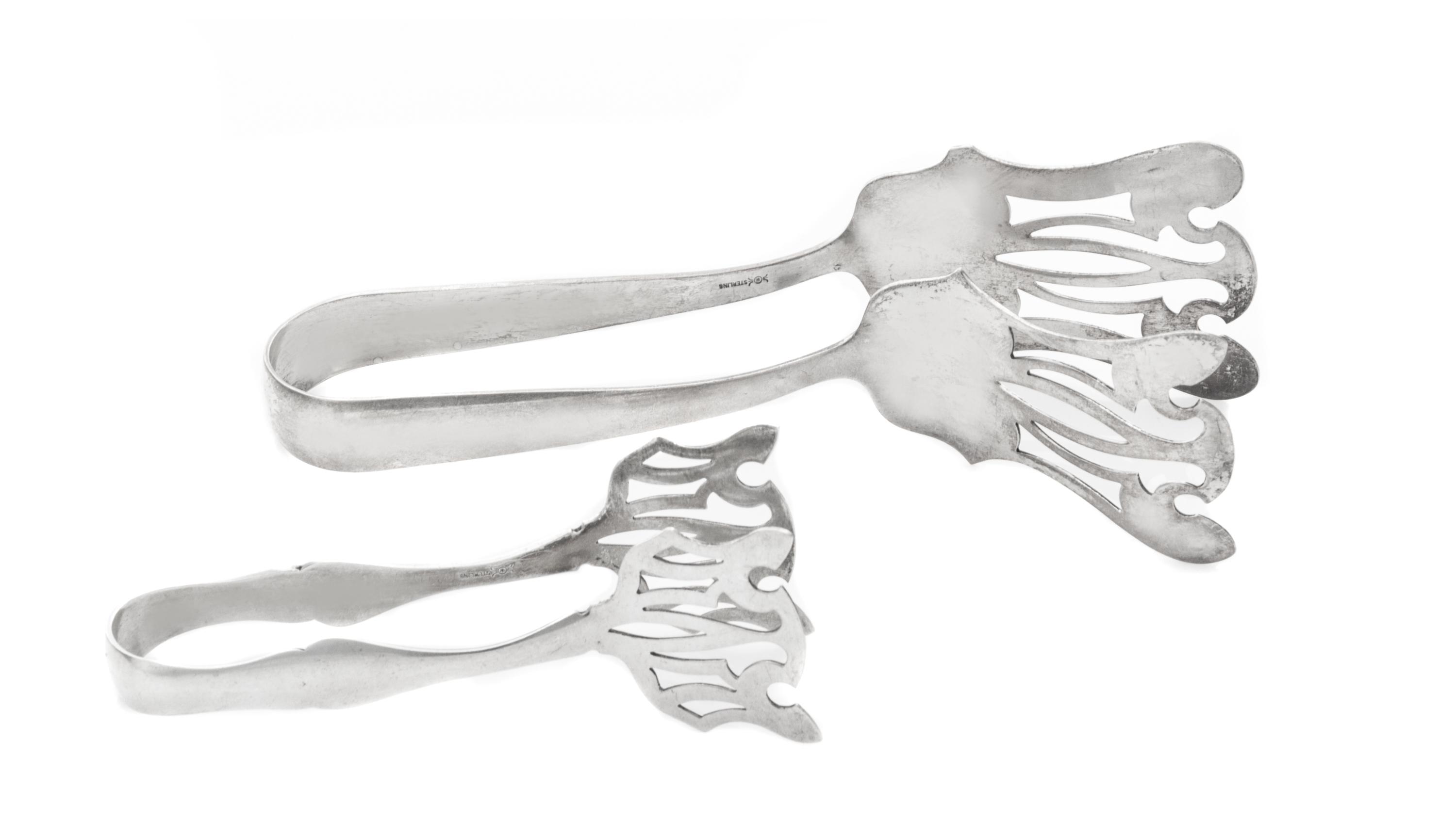 A Pair of American Silver Serving Tongs, Frank M. Whiting, North Attleboro, MA, comprising a pair of asparagus tongs and a pair of sand