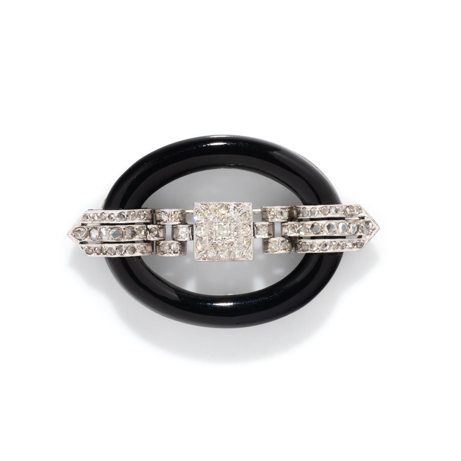 ART DECO, ONYX AND DIAMOND BUCKLE BROOCH
