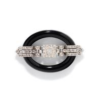 ART DECO, ONYX AND DIAMOND BUCKLE BROOCH