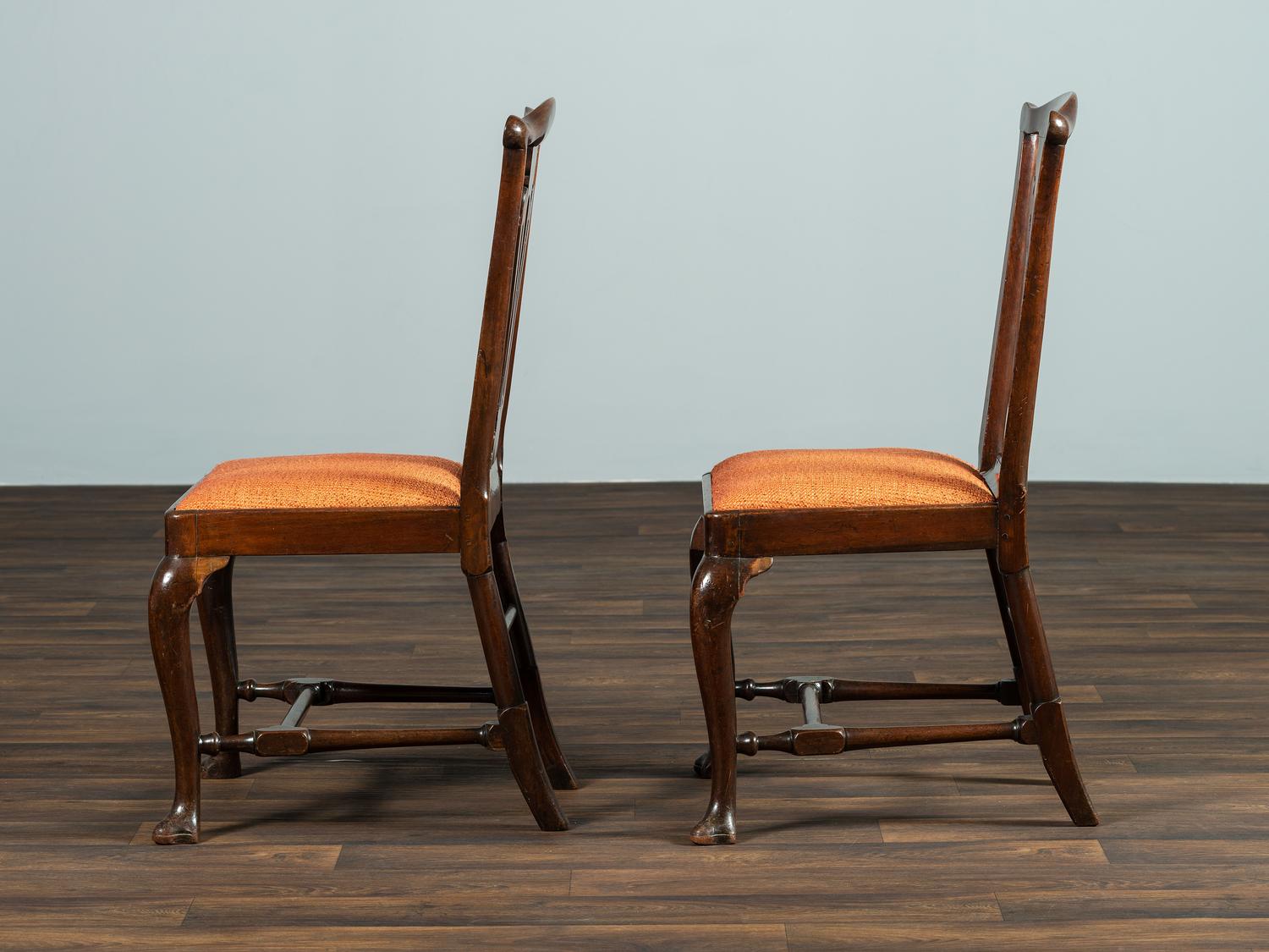 A Set of Six Queen Anne Pierce Carved Mahogany Stretcher Base and Trifid Foot Side Chairs