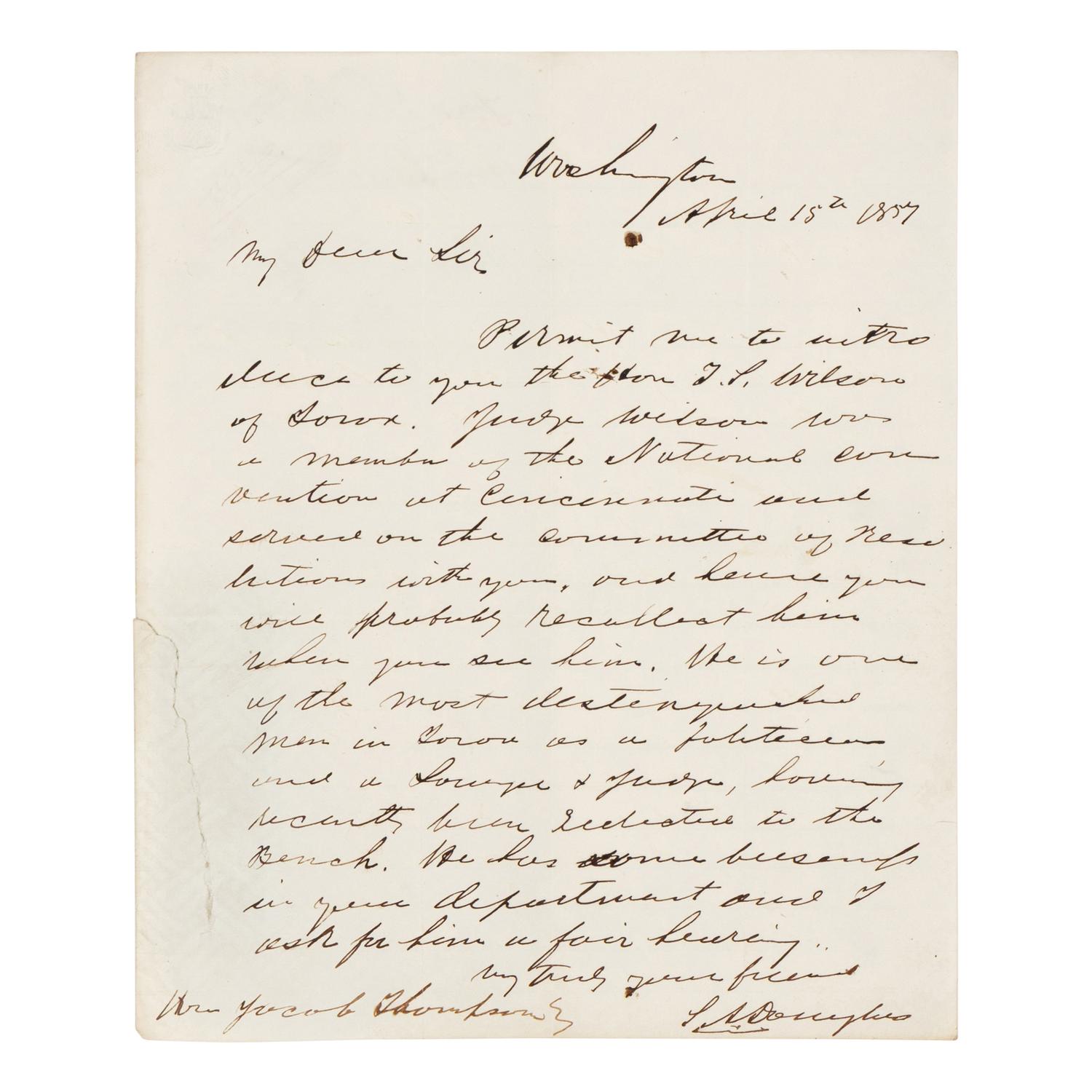 DOUGLAS, Stephen Arnold (1813-1861). A group of 14 documents and letters relating to Douglas's legal and political career, ca 1834-1857, comprising: