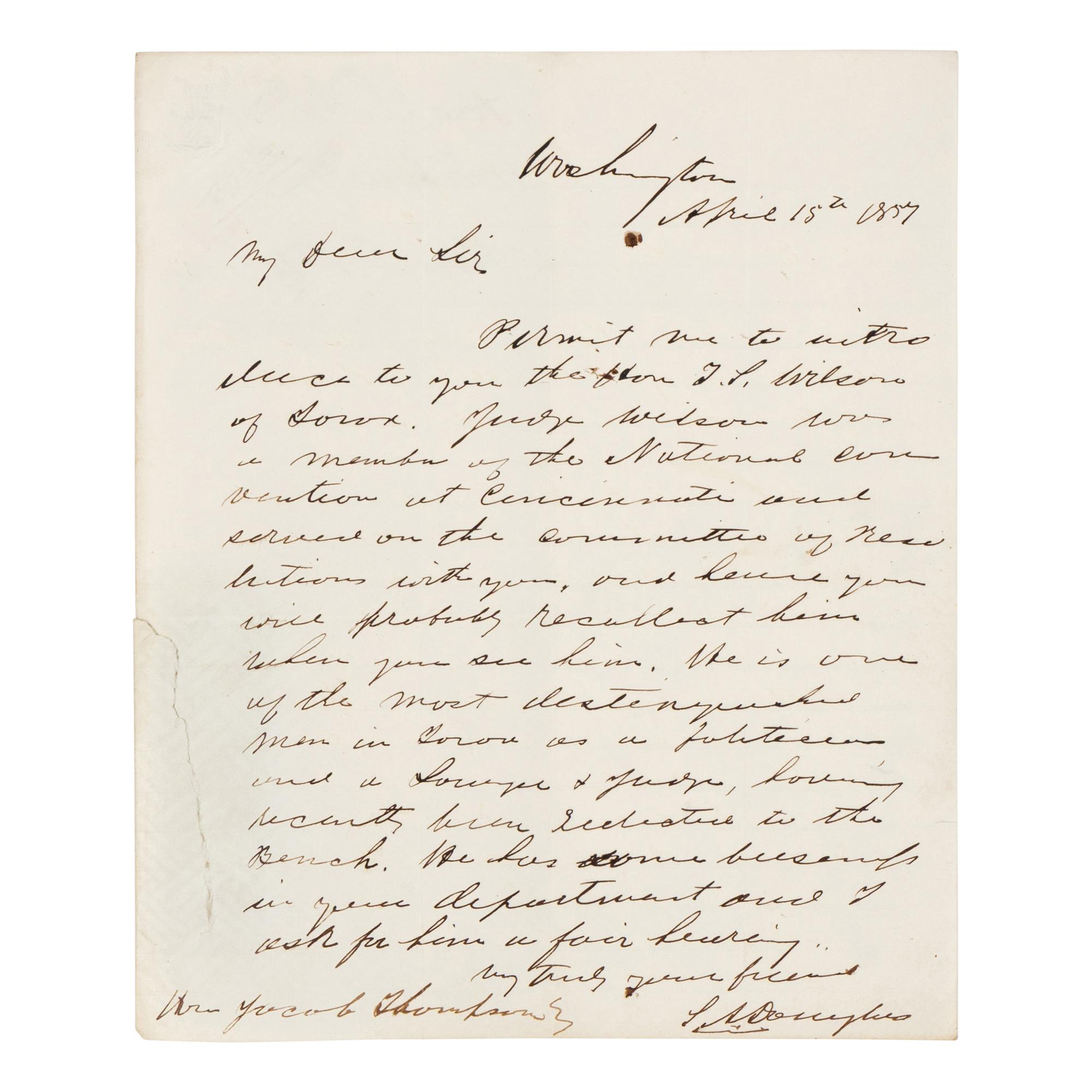 DOUGLAS, Stephen Arnold (1813-1861). A group of 14 documents and letters relating to Douglas's legal and political career, ca 1834-1857, comprising:
