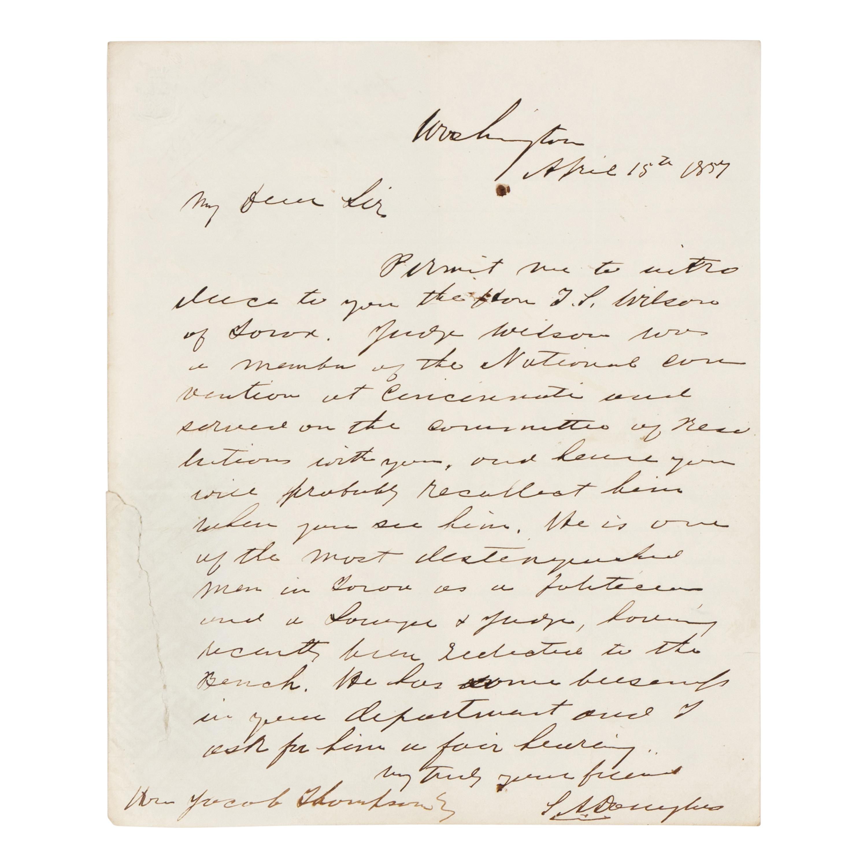 DOUGLAS, Stephen Arnold (1813-1861). A group of 14 documents and letters relating to Douglas's legal and political career, ca 1834-1857, comprising: