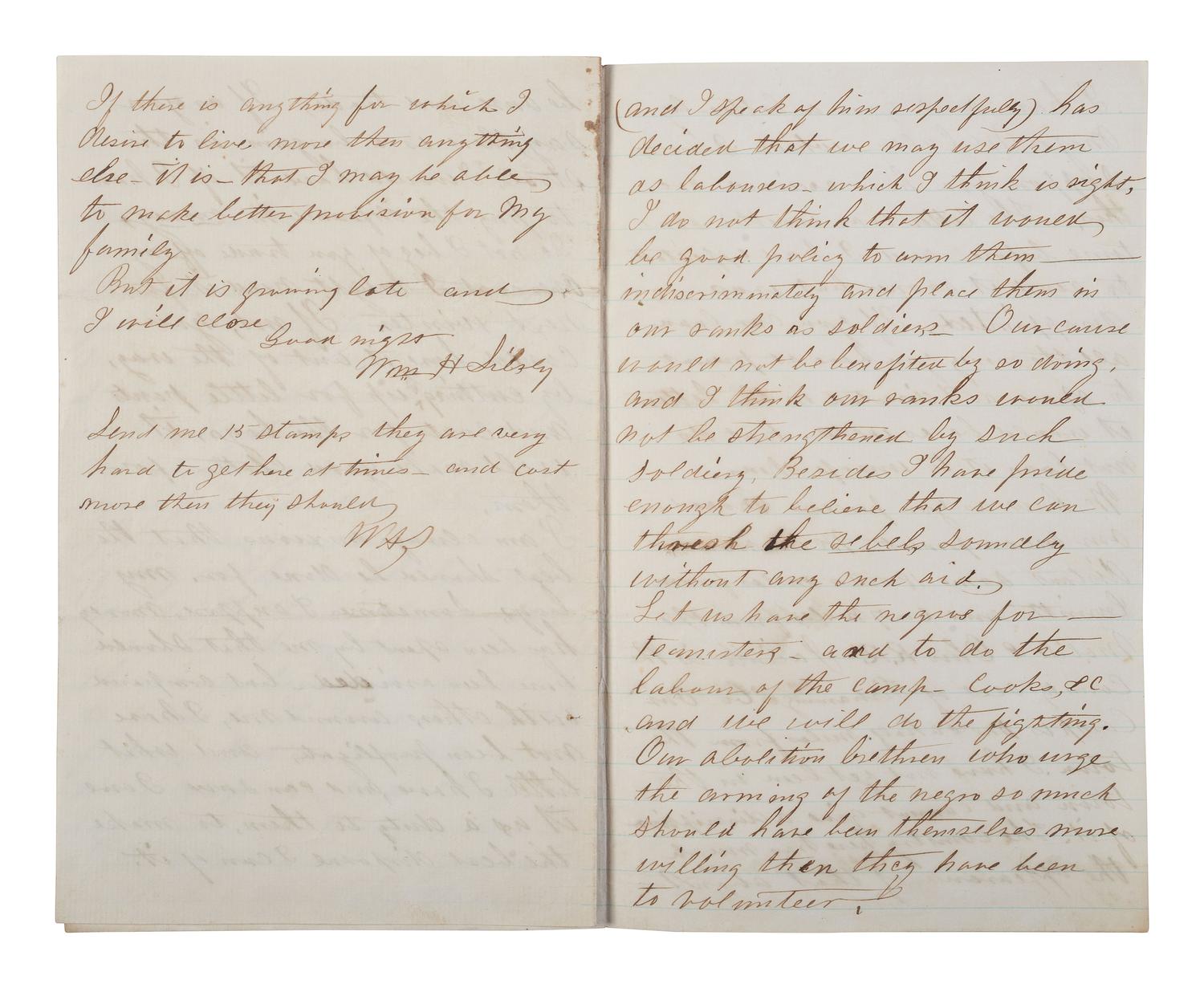 [CIVIL WAR]. 3 war-date letters, highlighted by ALS from Captain William H. Silsby, 10th Iowa Infantry, discussing the arming of formerly enslaved African Americans. Camp near Jacinto, MS, 17 August 1862.