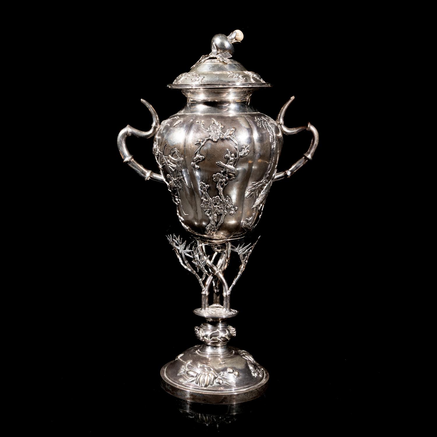 A Chinese Export Silver Cup and Cover, Early 20th Century 晚清-民國 外銷歲寒三友銀杯