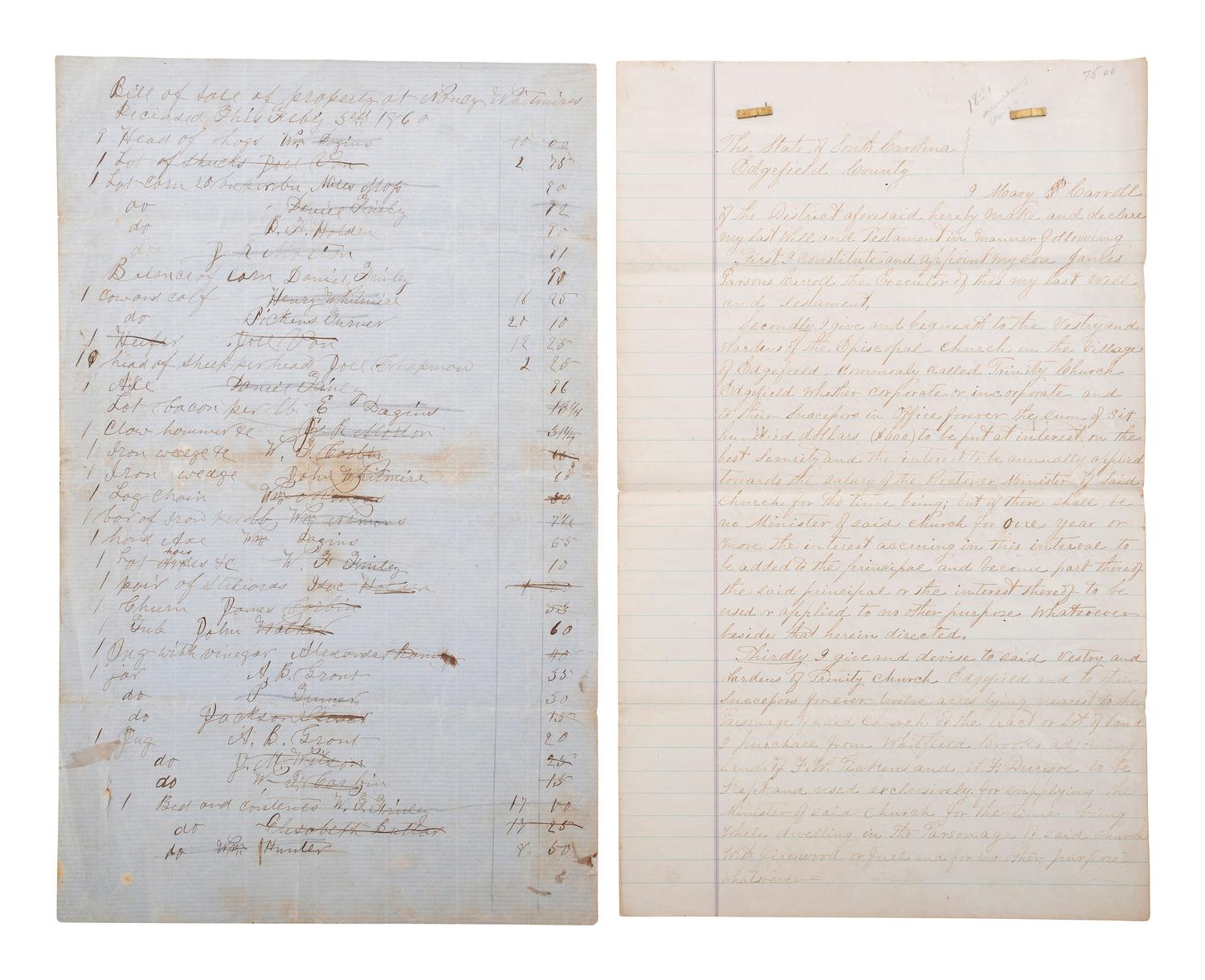 [SLAVERY & ABOLITION]. A group of 2 documents related to female South Carolina enslavers, comprising: