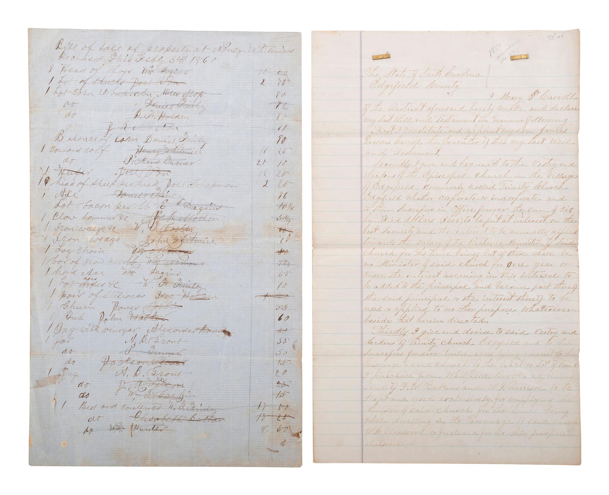 [SLAVERY & ABOLITION]. A group of 2 documents related to female South Carolina enslavers, comprising: