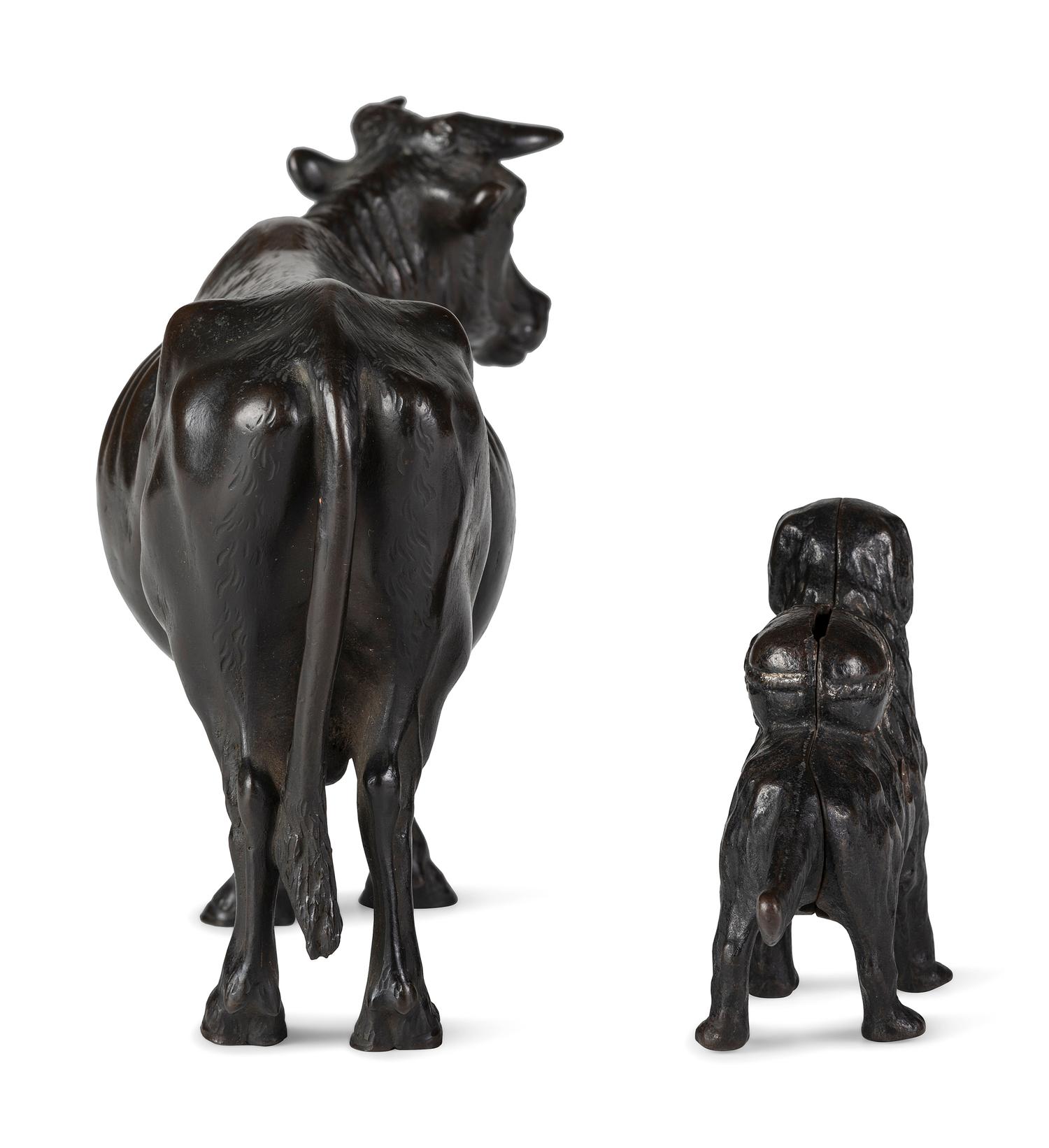 A Meiji Bronze Figure of a Bull and a Dog-Form Cast Iron Still Bank