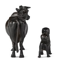A Meiji Bronze Figure of a Bull and a Dog-Form Cast Iron Still Bank