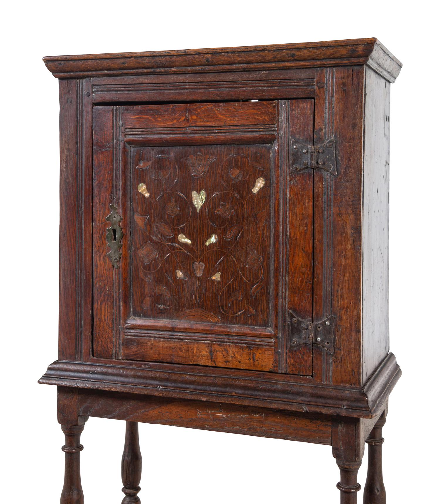 An Italian Walnut and Mother-of-Pearl Inlaid Cabinet on Stand