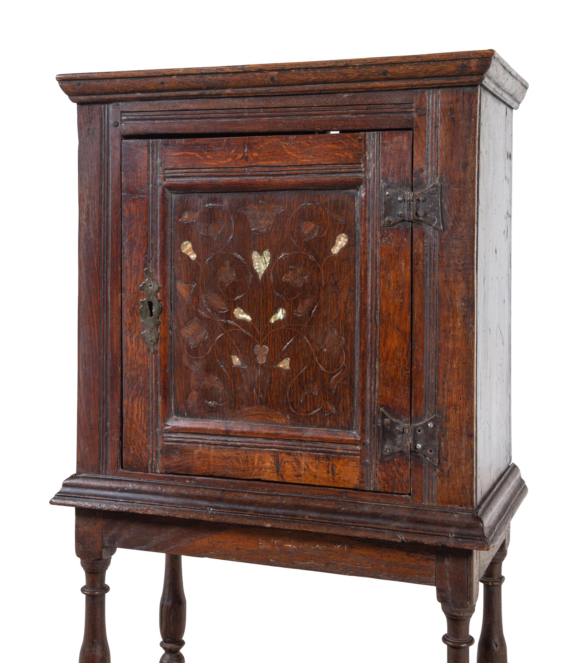 An Italian Walnut and Mother-of-Pearl Inlaid Cabinet on Stand