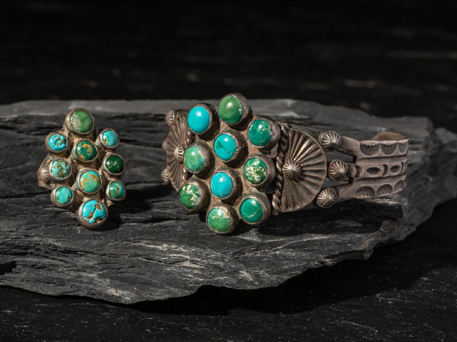 Navajo Silver and Turquoise Cluster Ring and Cuff Bracelet