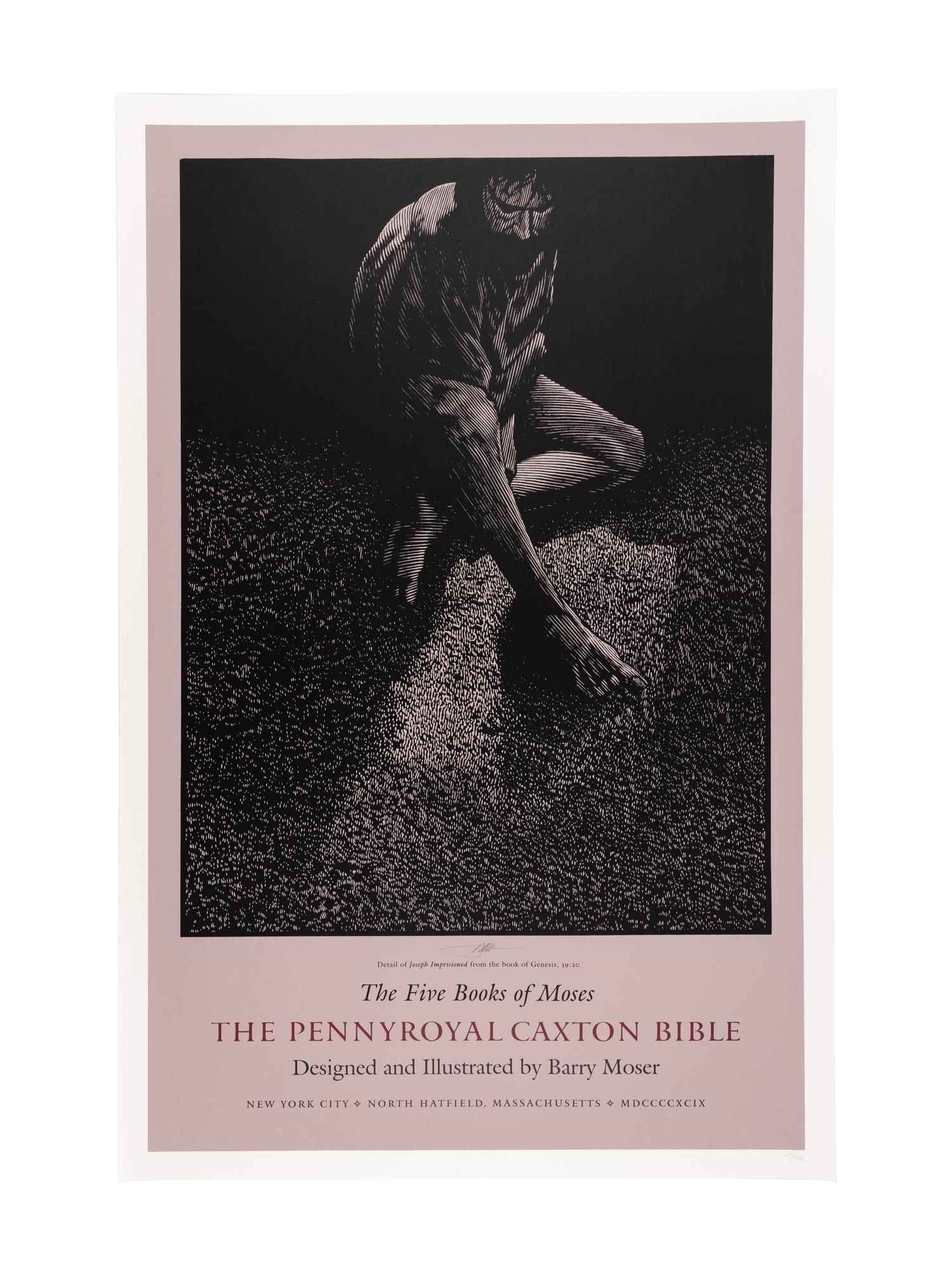[POSTERS]. 3 silkscreen promotional posters for the Pennyroyal Caxton Bible. North Hatfield, MA and New York City: Pennyroyal Caxton Press, 1999. Each 38 1/4 x 24 1/4 in. LIMITED EDITIONS, each one of 50 copies, each signed by Moser. Comprises posters for The Books of the Prophecy , The Five Books of Moses and The Books of the New Testament .