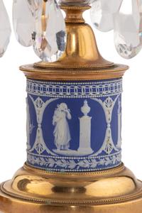 A Pair of Regency Brass and Jasperware Mounted Cut Glass Candlesticks