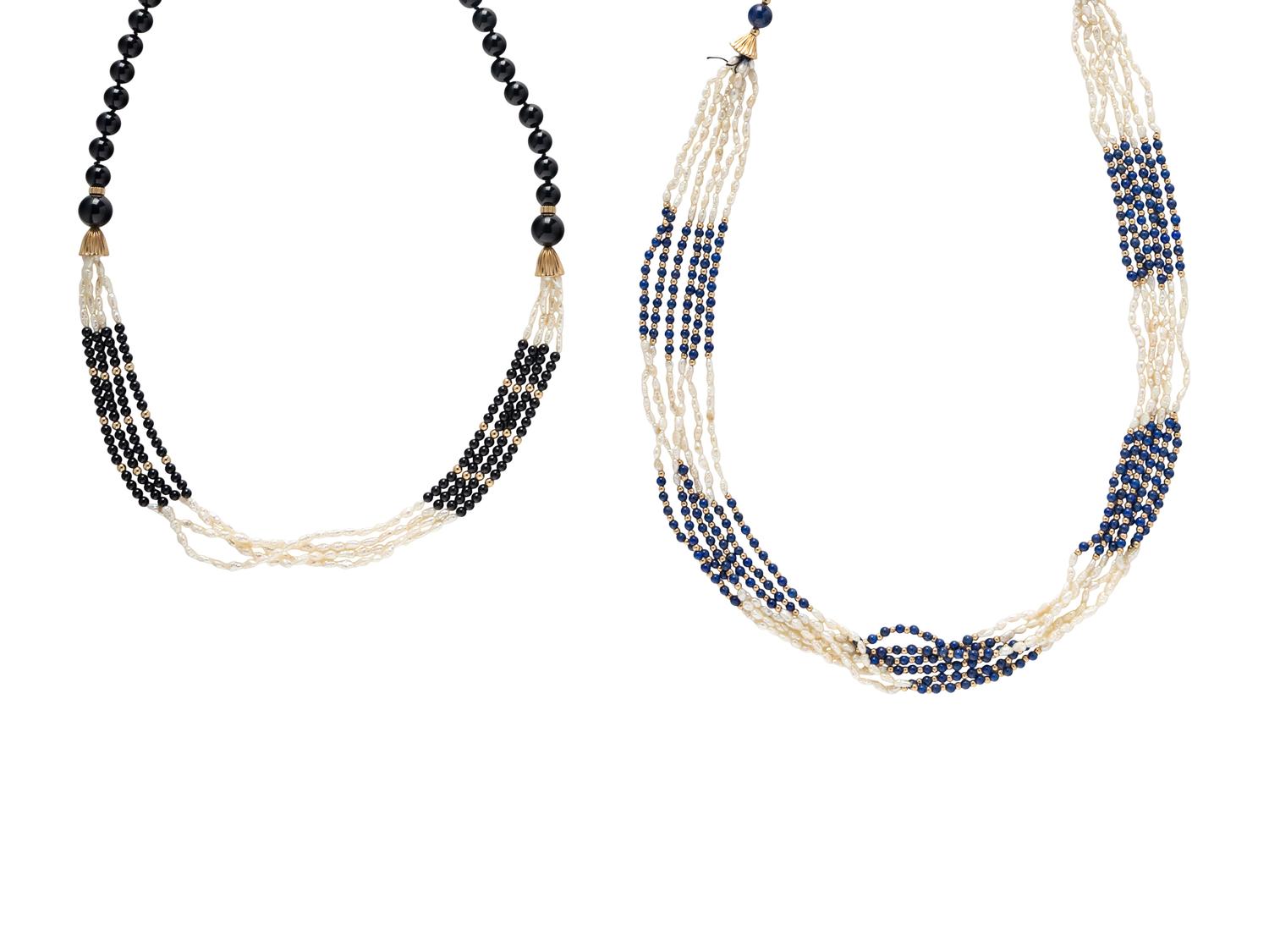 TWO YELLOW GOLD AND BEAD NECKLACES