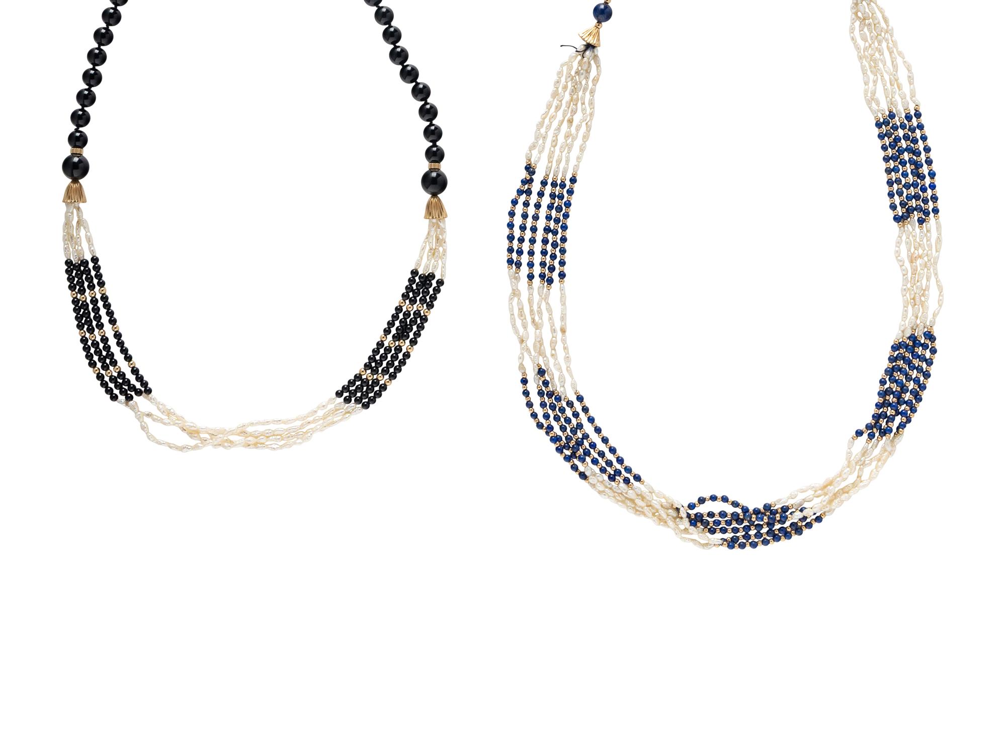 TWO YELLOW GOLD AND BEAD NECKLACES