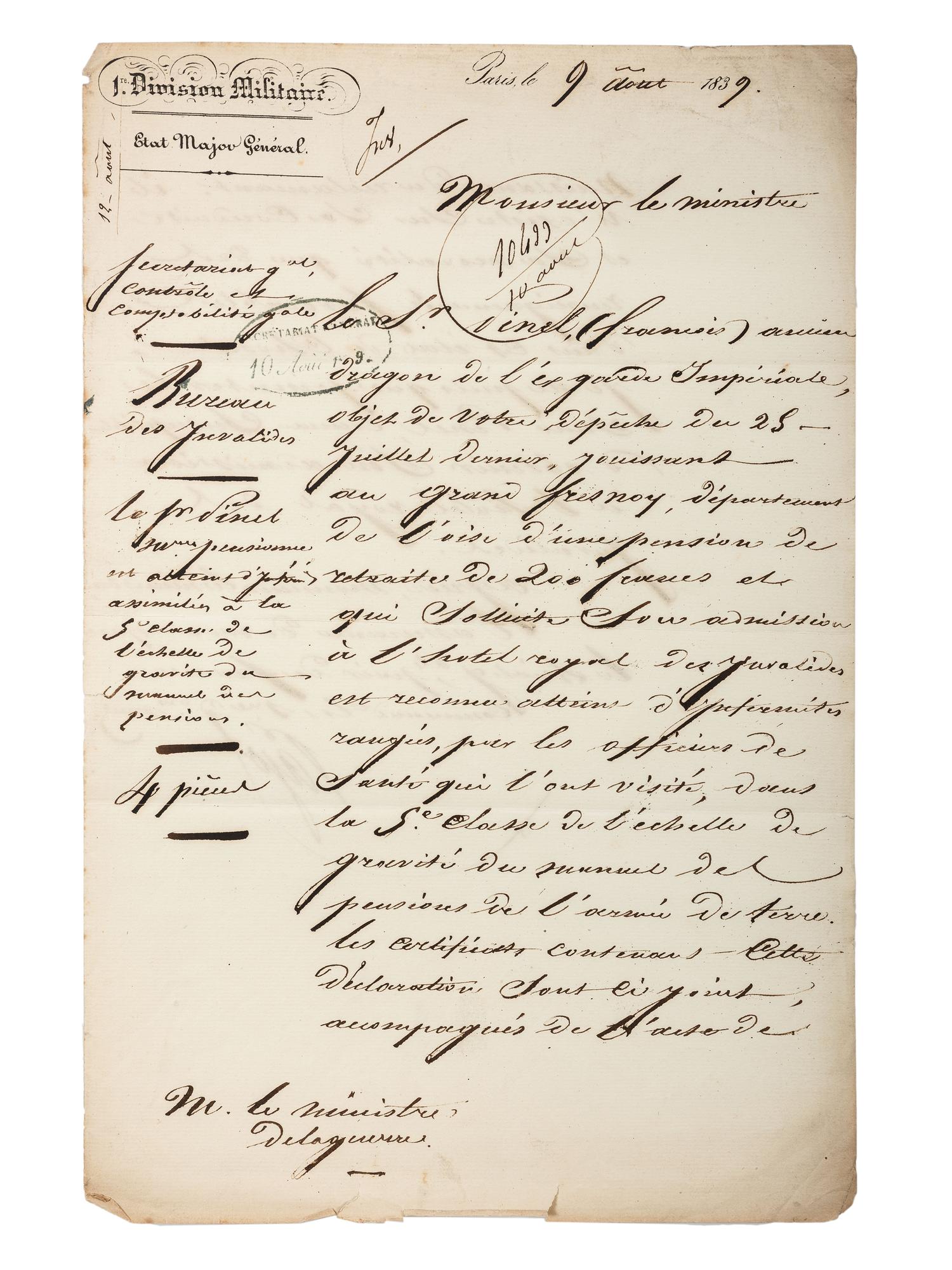 [MANUSCRIPTS - NAPOLEONIC]. A group of 2 letters in French, related to Jean-Baptiste Viallanes and Claude-Pierre Pajol.