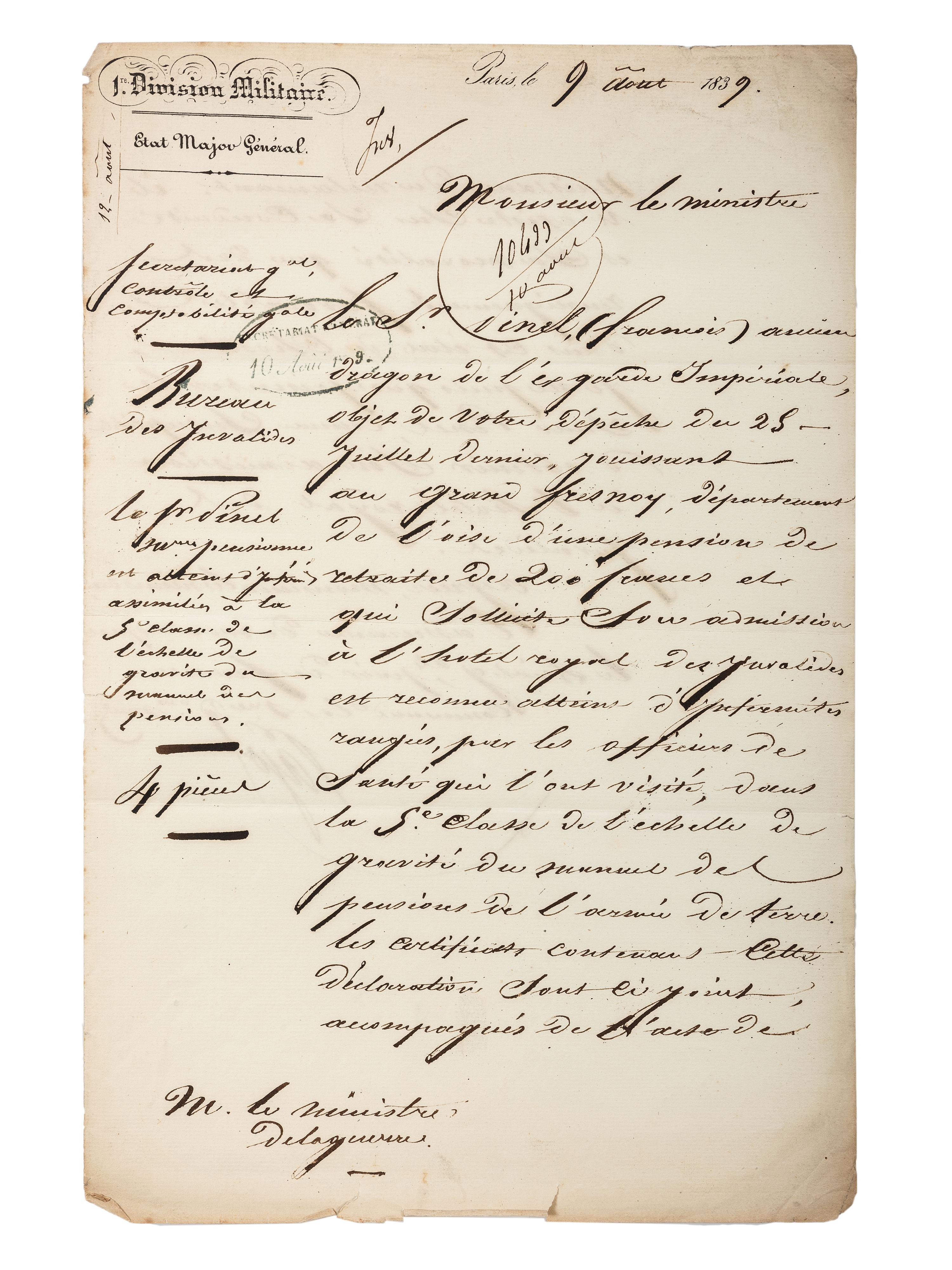 [MANUSCRIPTS - NAPOLEONIC]. A group of 2 letters in French, related to Jean-Baptiste Viallanes and Claude-Pierre Pajol.