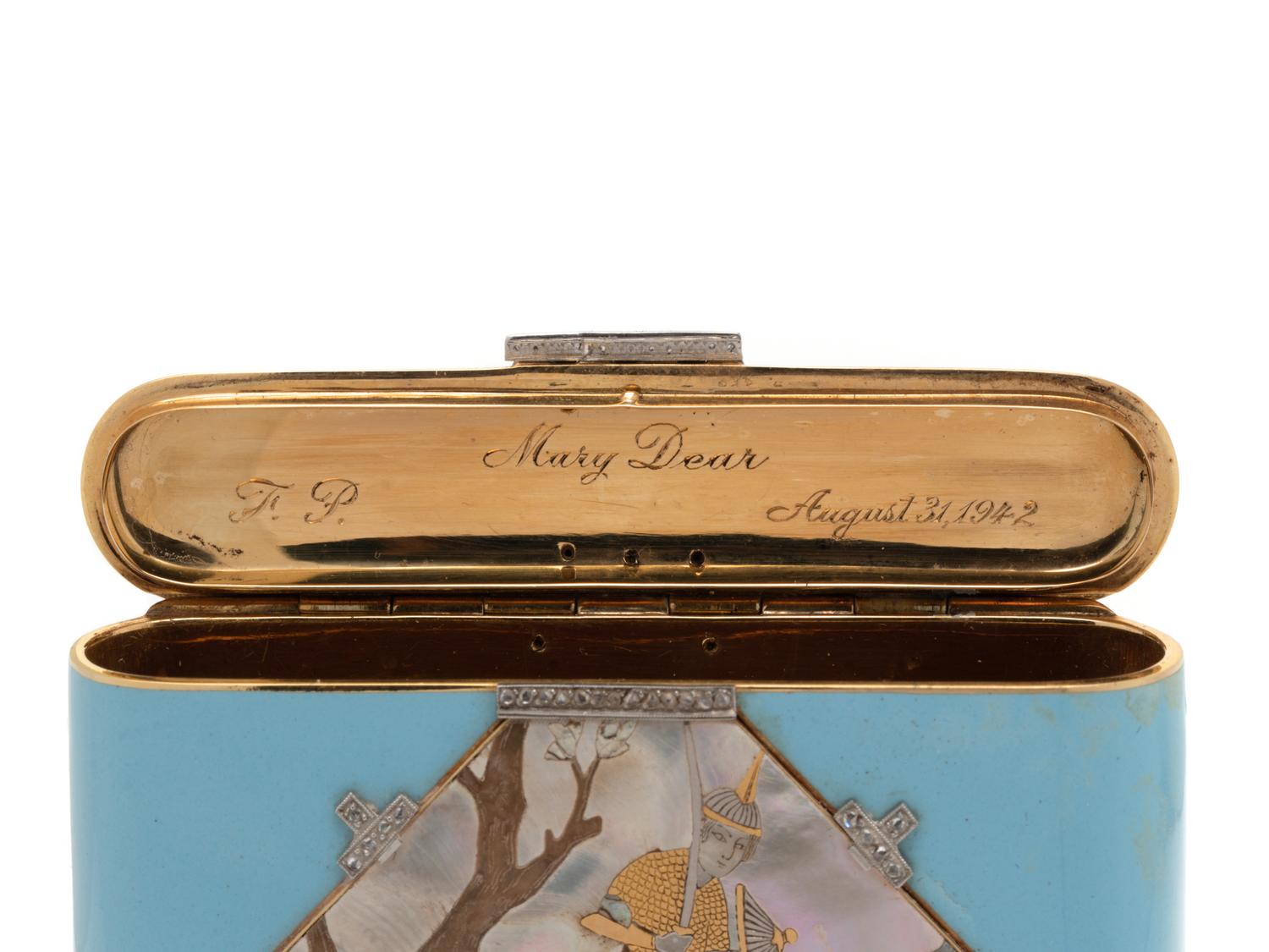 A Vladimir Makovsky Decorated Art Deco Gold and Diamond, Platinum, Mother of Pearl and Hardstone-Mounted Enameled Cigarette Case