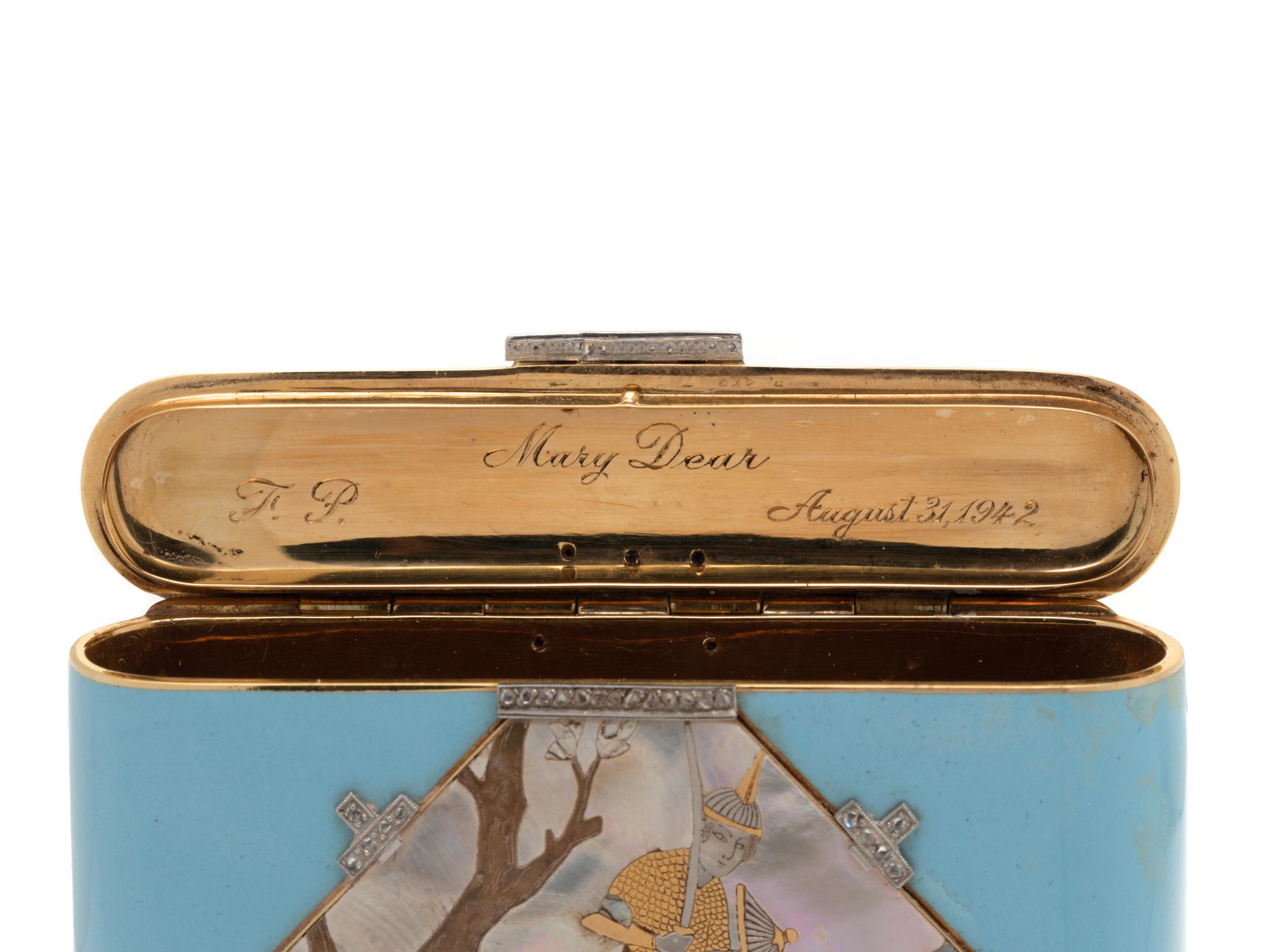 A Vladimir Makovsky Decorated Art Deco Gold and Diamond, Platinum, Mother of Pearl and Hardstone-Mounted Enameled Cigarette Case