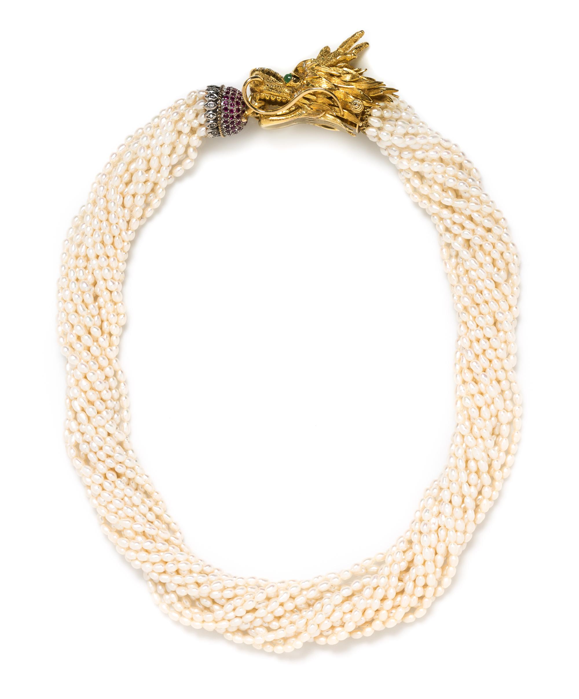 A Yellow Gold, Diamond, Emerald, Ruby and Cultured Pearl Dragon Torsade Necklace,