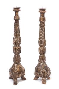 A Pair of Italian Giltwood Pricket Sticks Height 37 inches. — 19TH CENTURY