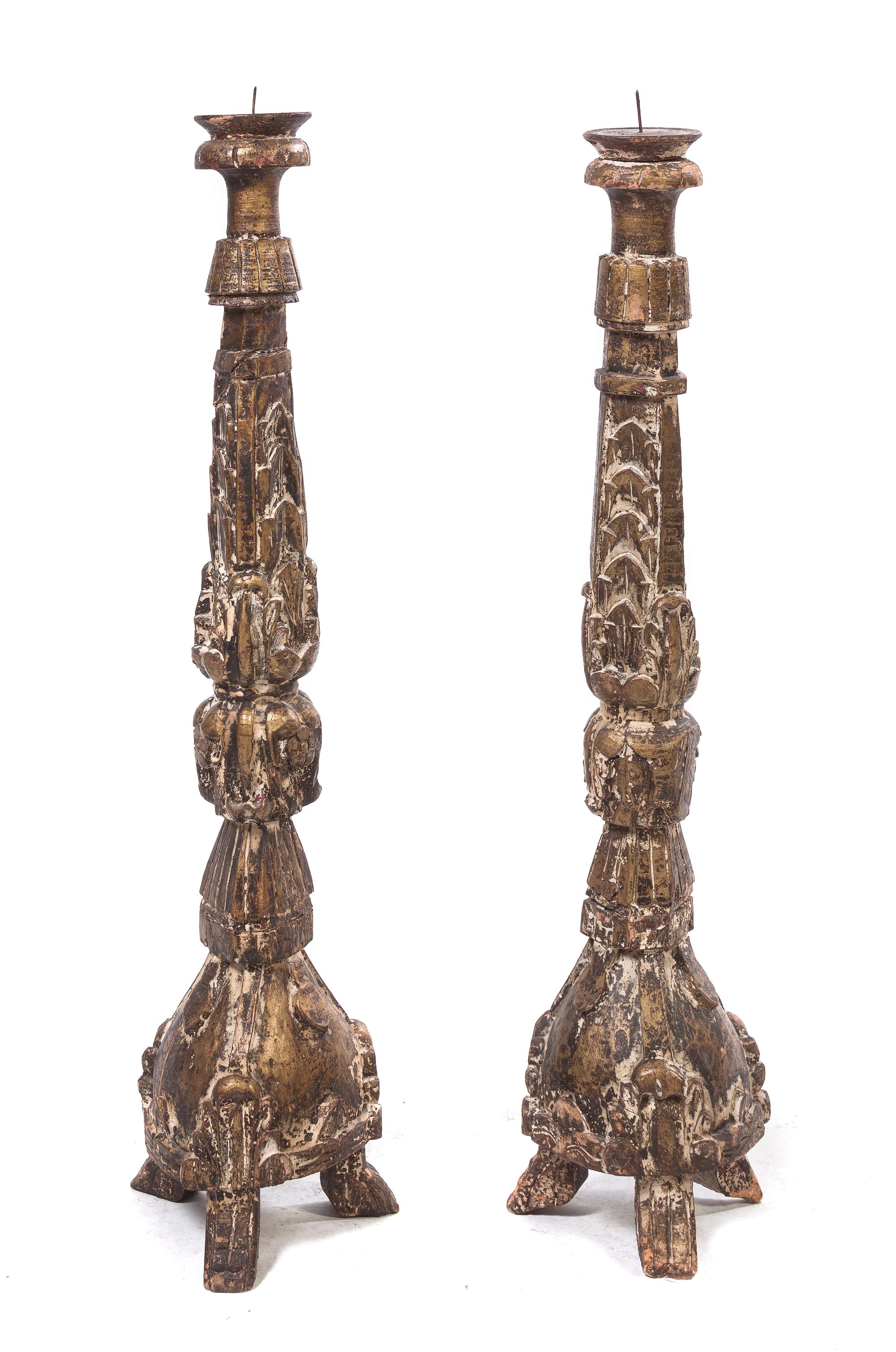 A Pair of Italian Giltwood Pricket Sticks Height 37 inches. — 19TH CENTURY