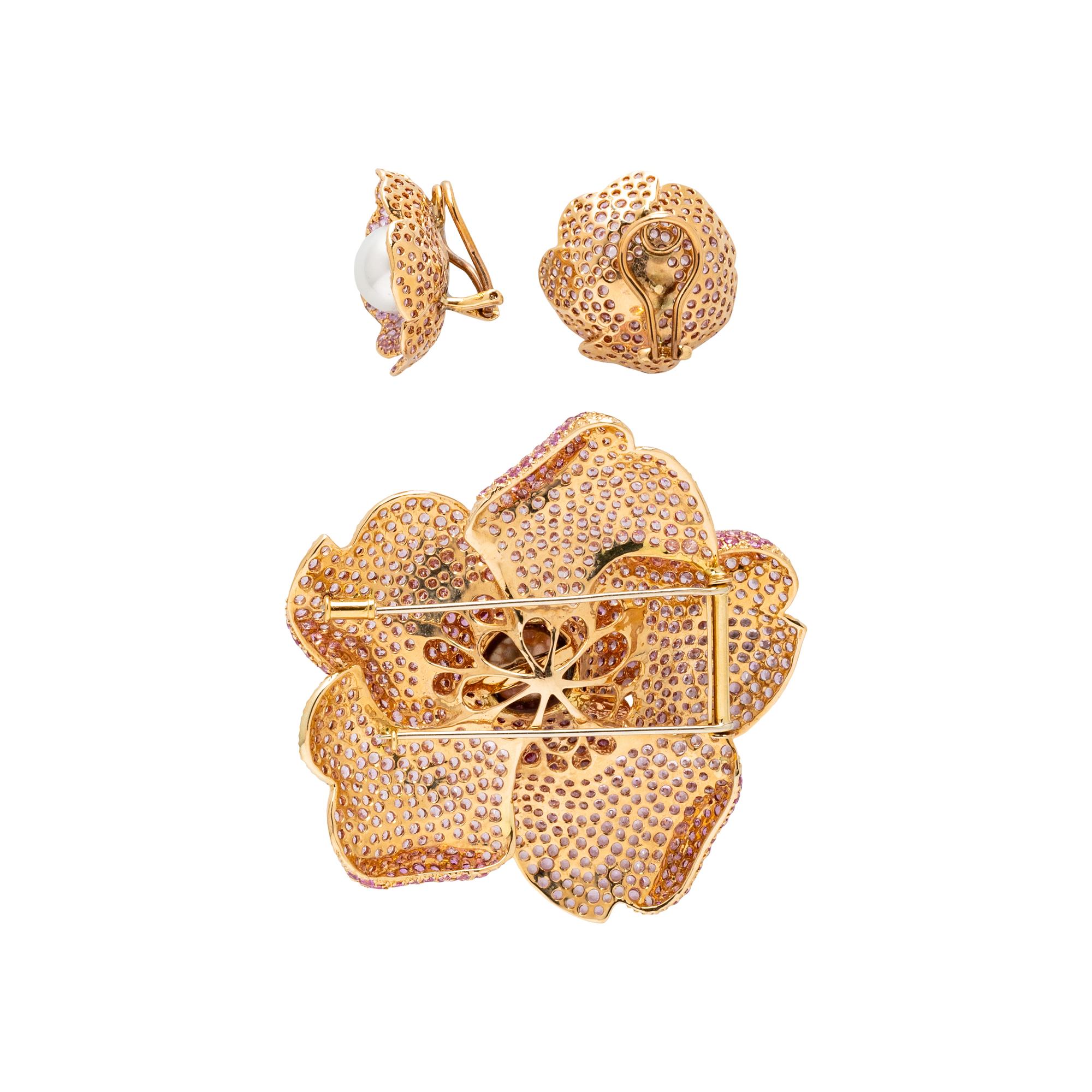 PINK SAPPHIRE, CULTURED PEARL, AND ROSE GOLD FLOWER EARRINGS AND BROOCH